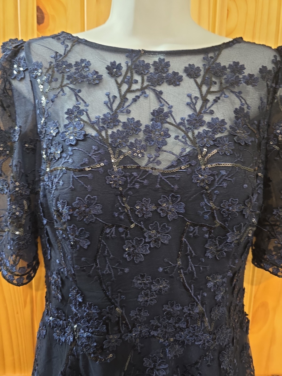 Teri Jon by Rickie Freeman Navy Lace Sequin High/Low 10 Flaw at button clasp