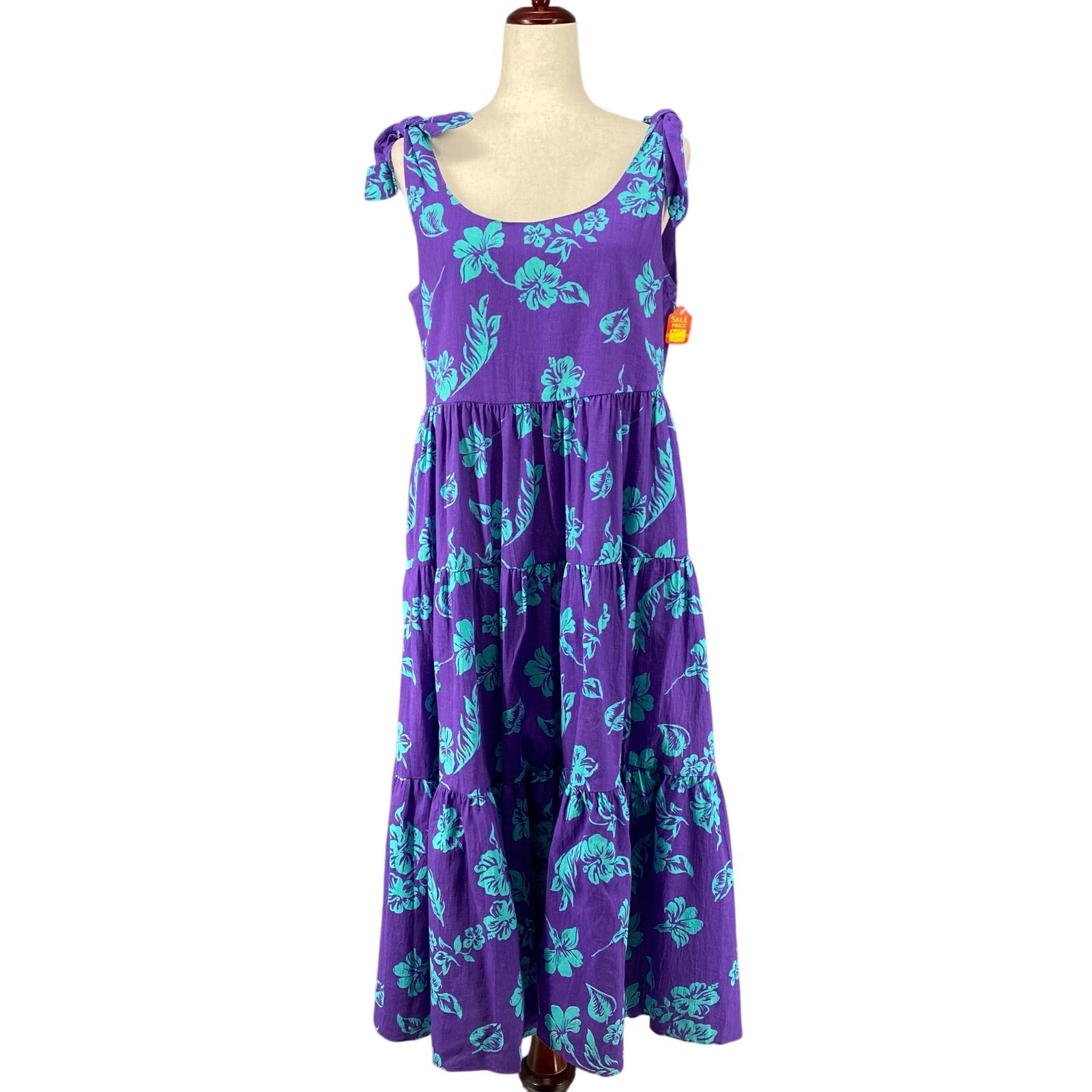 Vtg 80s 90s Two Potato Aloha Floral Midi Tiered Tie Shoulder Sundress M Beachy