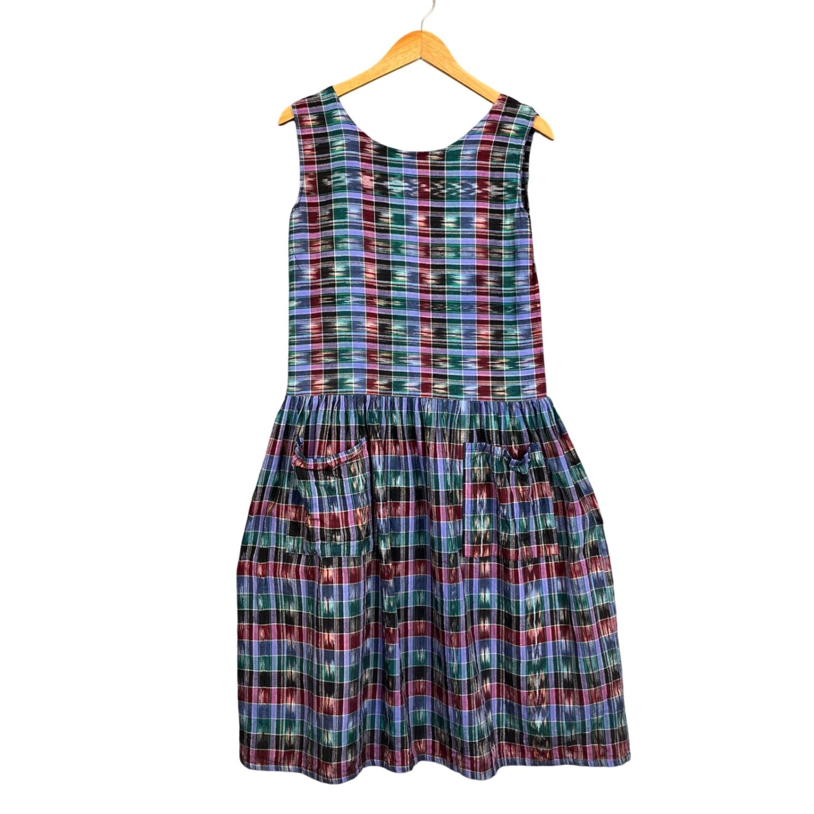 Vtg 90s Artesania Dress Womens XS Plaid Pocket Sleeveless Guatemalan Cotton Boho