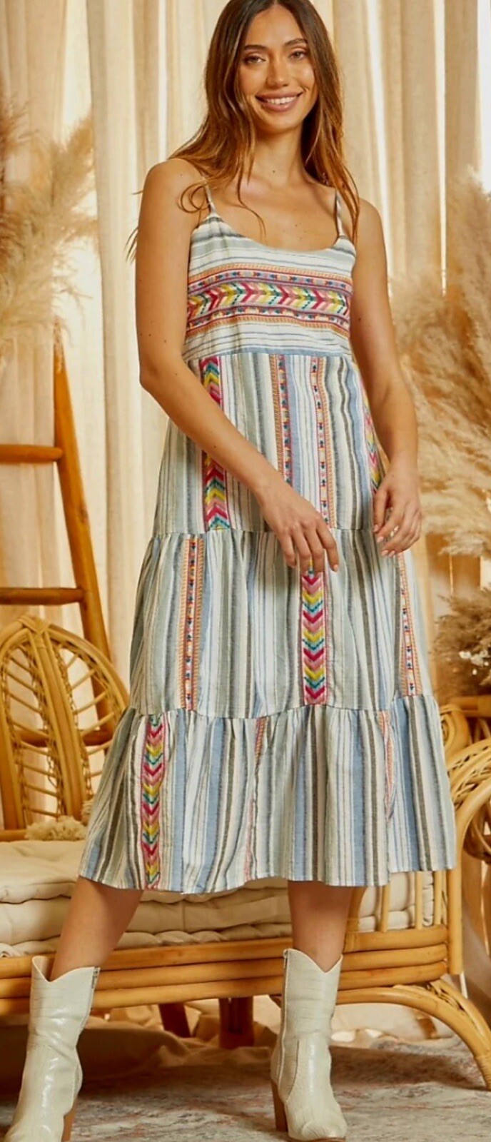 Savanna Jane Sleeveless Embroidered Denim Stripe Multi Tiered Midi Sundress Sz S