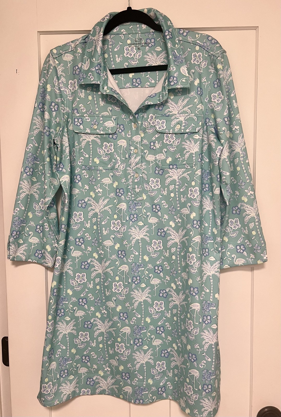 Vineyard Vines Sankaty Margo Pattern 3/4 Sleeve Dress Button Collar Size XL