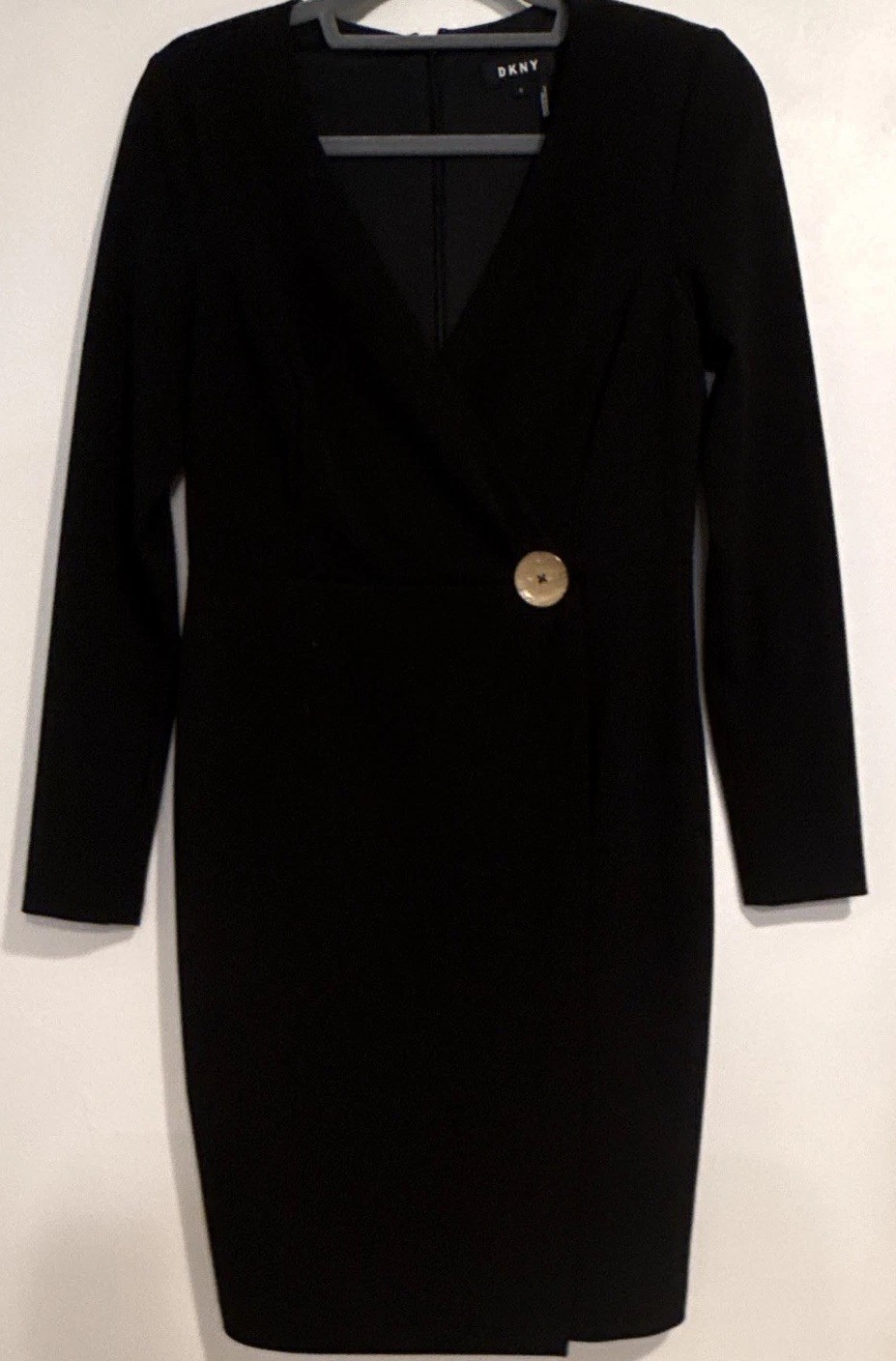 DKNY Black V-Neck Long Sleeve Sheath Knee Dress Zip Lined Stretch 8