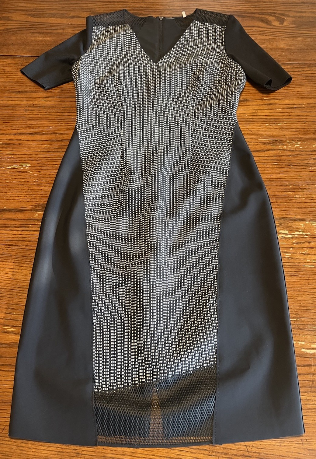 Elie Tahari Elegant Modern Mixed Media Design Black Sheath Dress Sleek Back 6