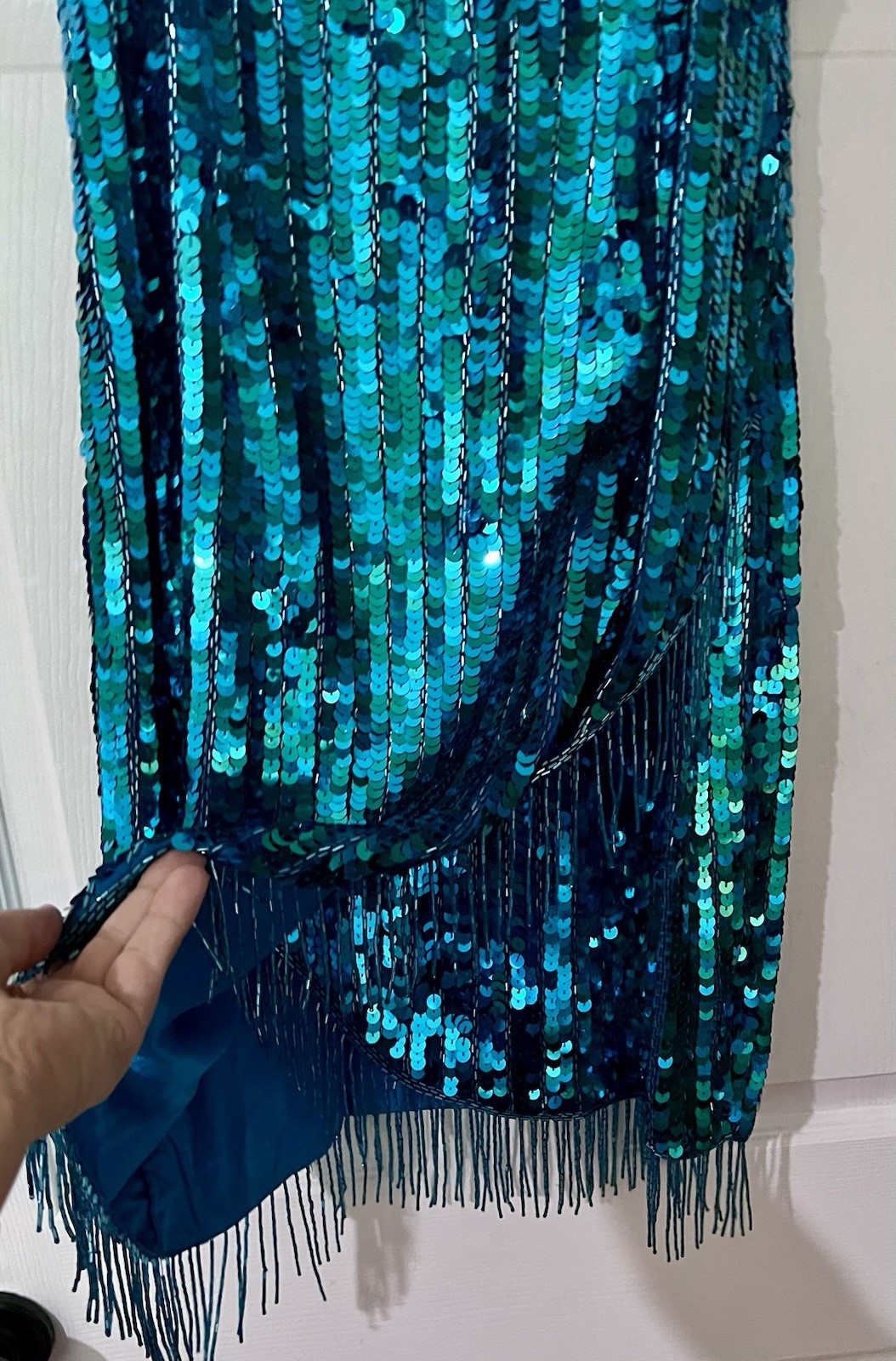 Vtg Silk Hand Beaded Sequin Fringe Cocktail Dress Teal Peacock Blue Y2K M