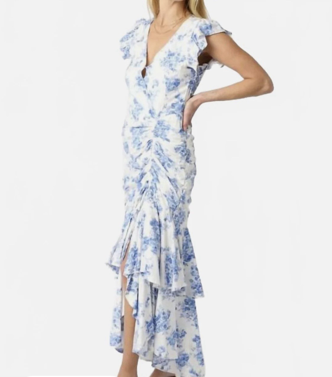 pookie & sebastian, NWT Cinched Ruffle Maxi Dress Blue & White Floral Feminine