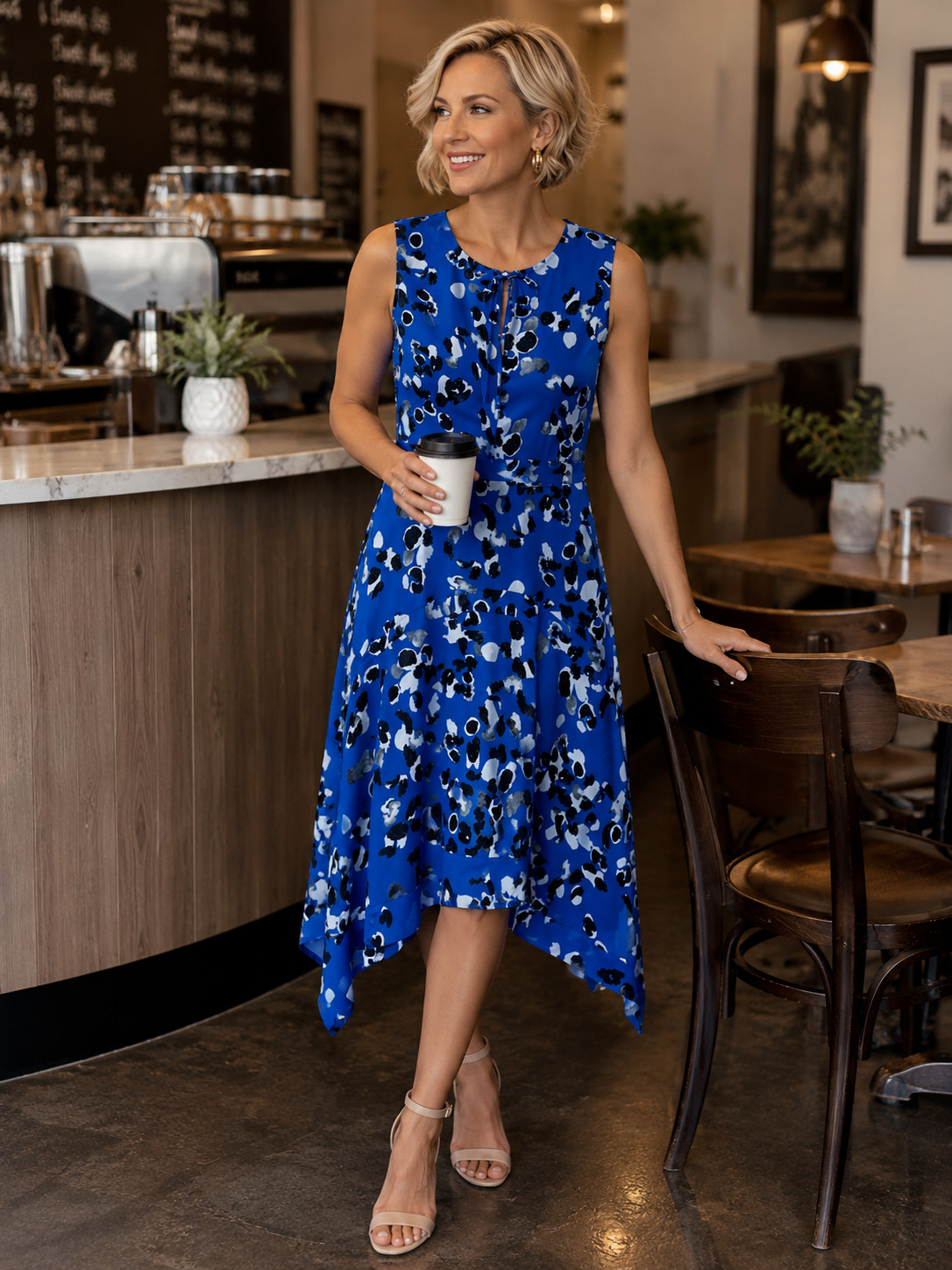 Cabi A-Line Midi Dress Size S Blue Black Asymmetrical Hem Buttons to Waist