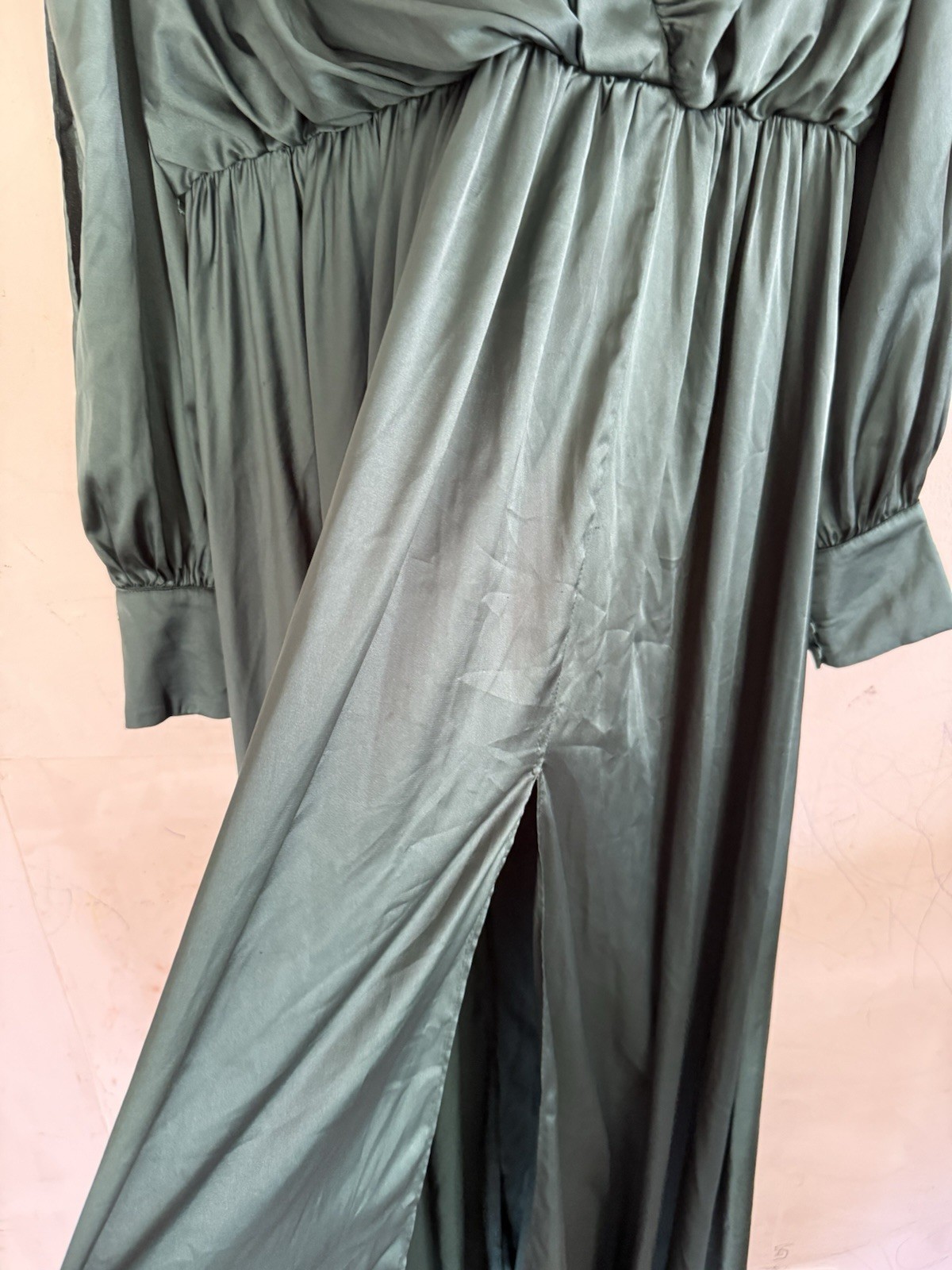 Mac Duggal Womens Emerald Green Satin Cinched Waist Dress, Bishop Sleeve, US 10