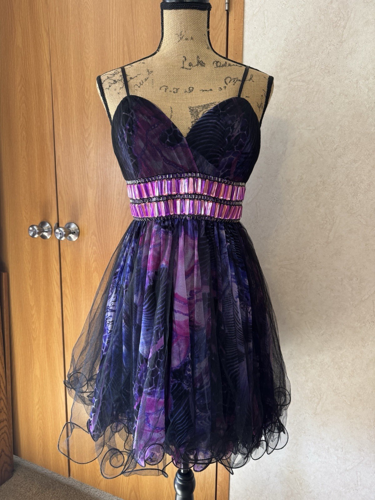 BLUSH PROM Beaded Black Purple Floral Cocktail Dress Party Holiday HOCO LARGE