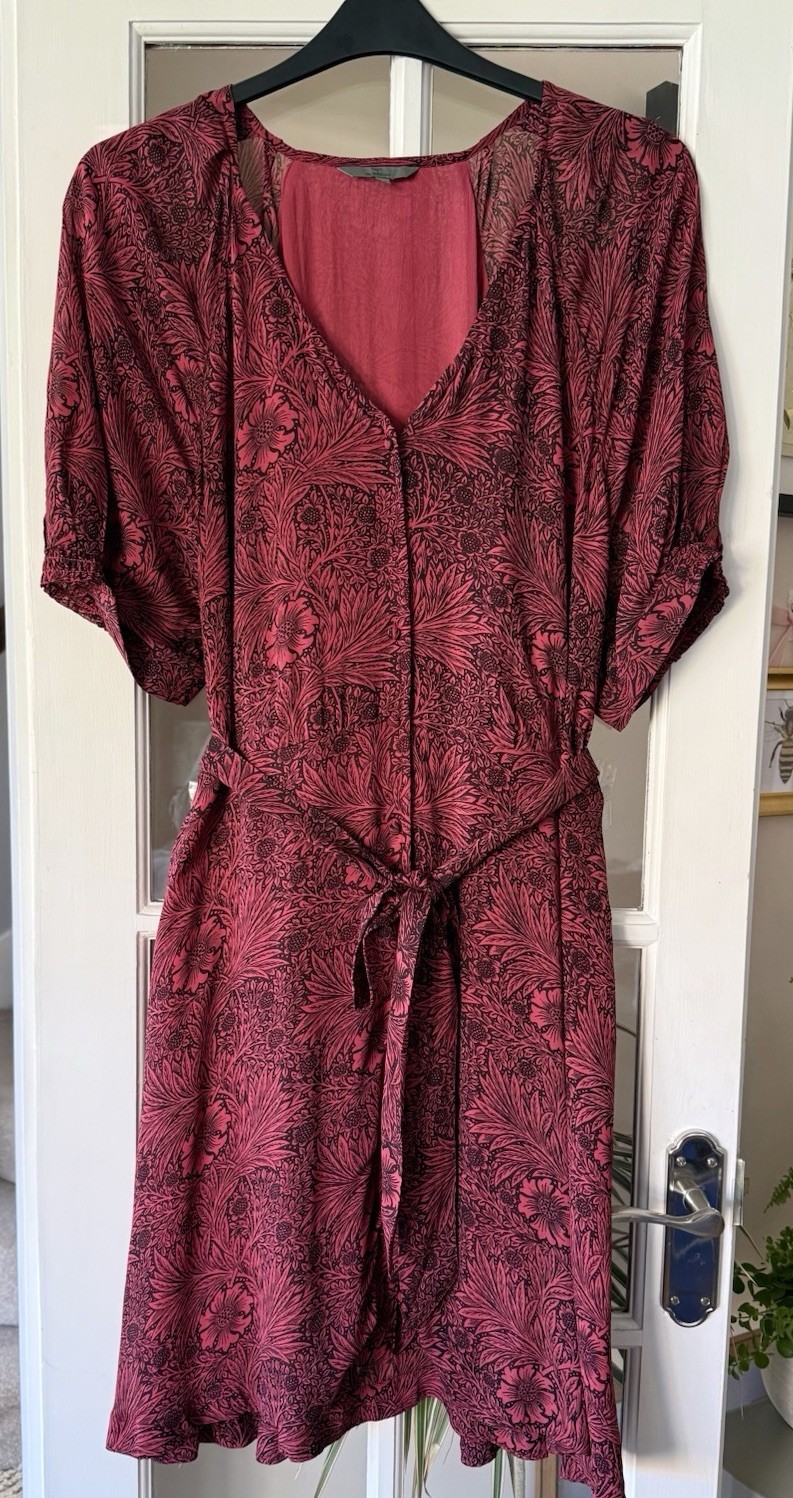 Next Morris & Co Marigold Print Red Burgundy Short Midi Shirt Belt Dress Size 20