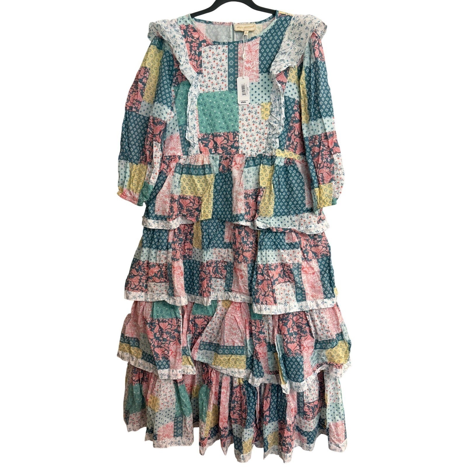 New Simply Southern Patchwork Tiered Maxi Dress Pink Teal Floral Large cottage