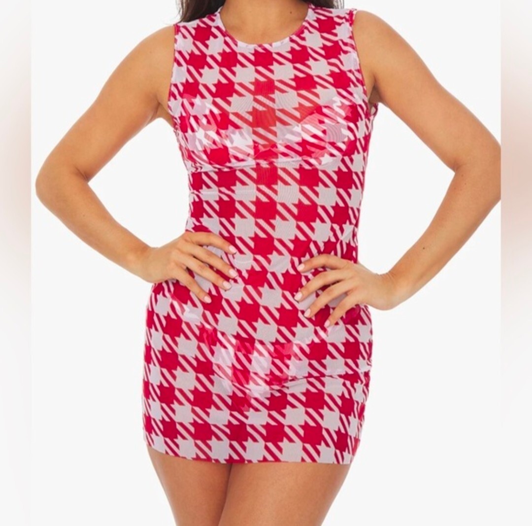 NWT WeWoreWhat Red Houndstooth Sheer Knit Muscle Dress Cover Up Resort XS/S