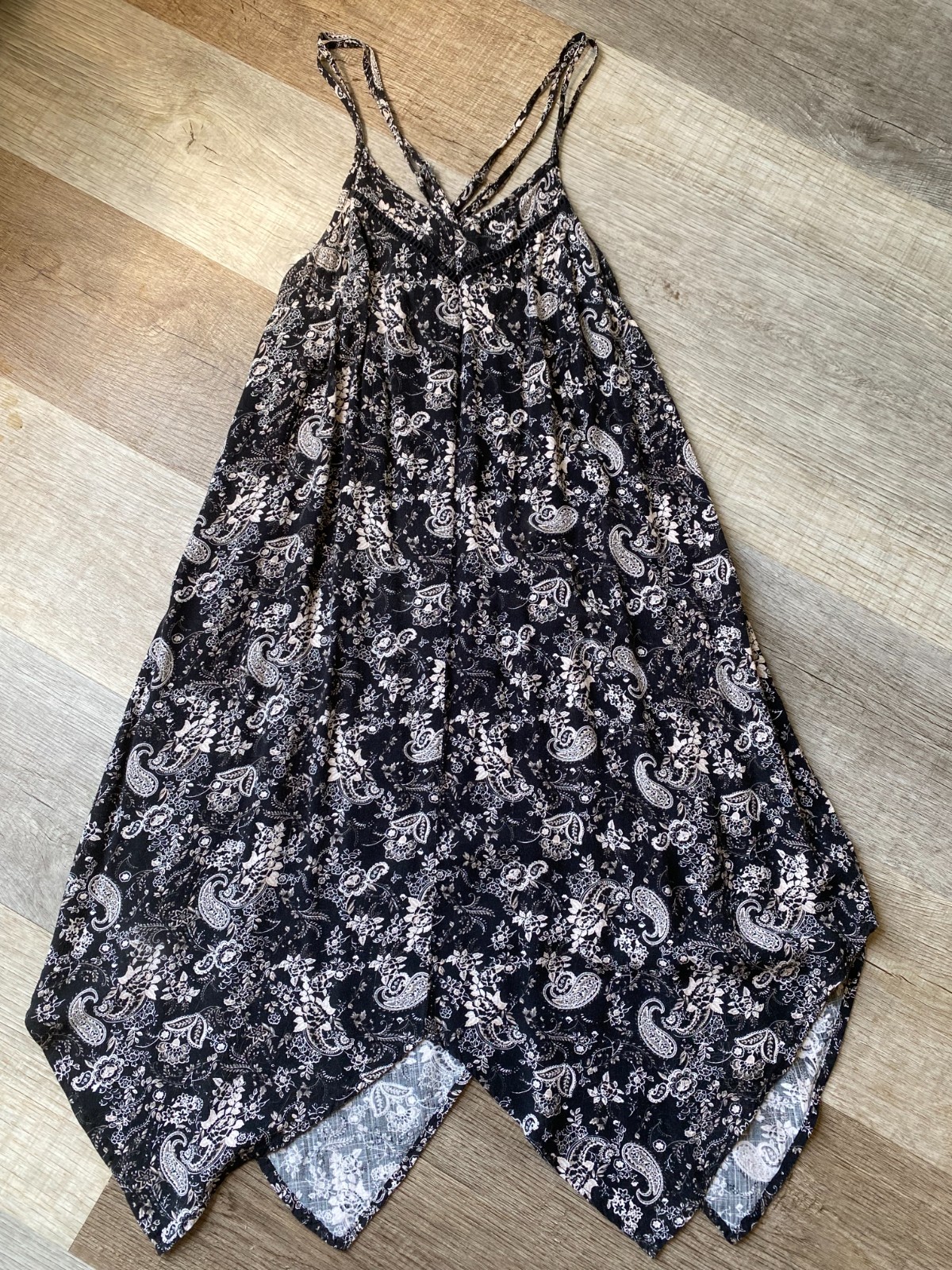KNOX ROSE Boho Floral Paisley Hanky Hem Dress XS Black Cream Strappy Sun Dress