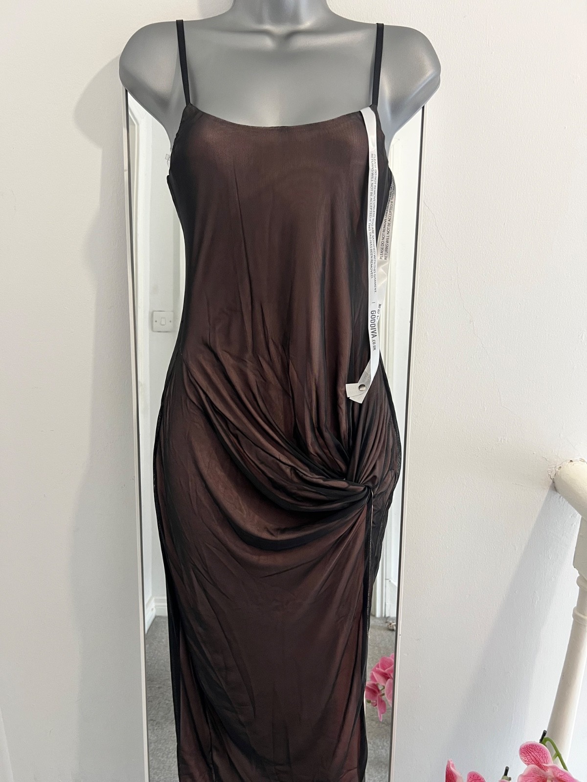 Goddiva Two-Tone Sheer Mesh Draped Midi Dress Brown Underlayer Black Overlay