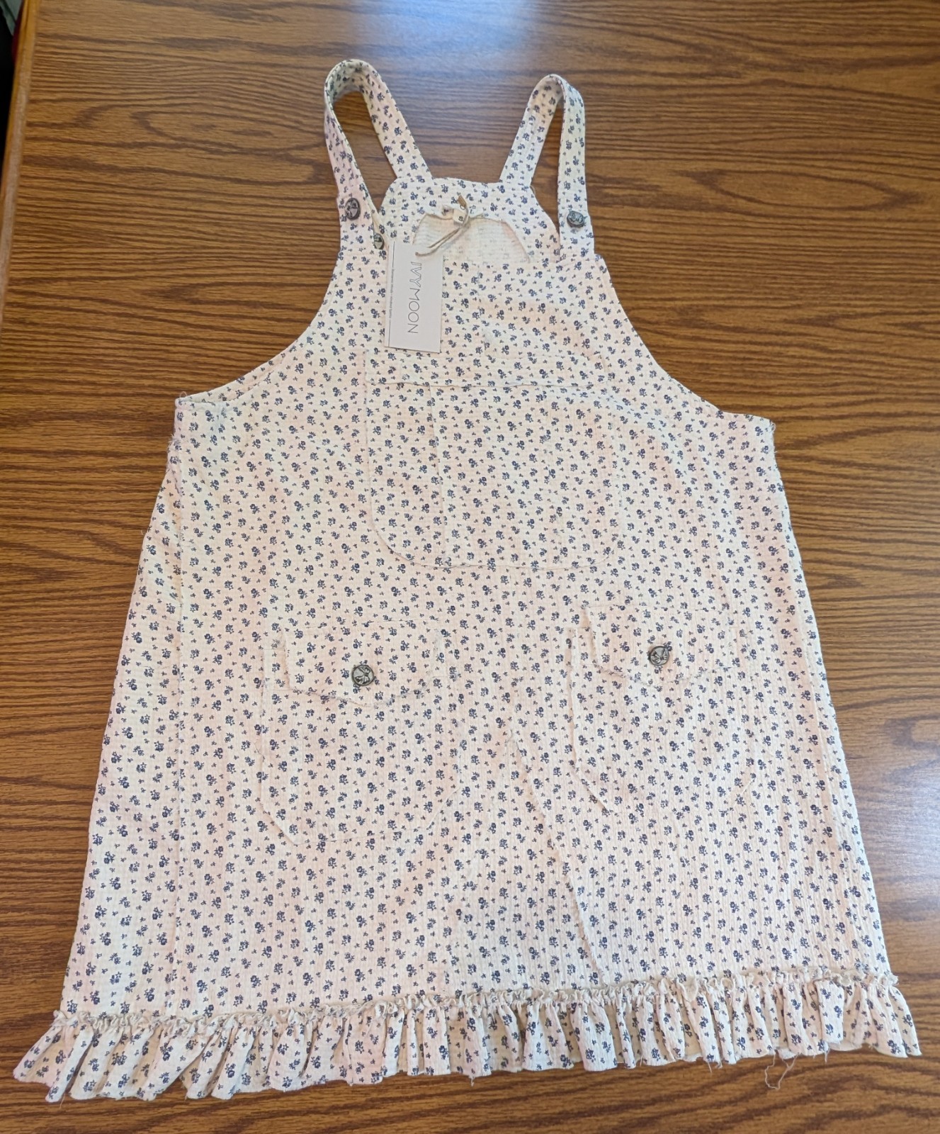 POL Muslin Pansy Overall Dress Small NWT Floral Ruffle Hem Ivory Blue