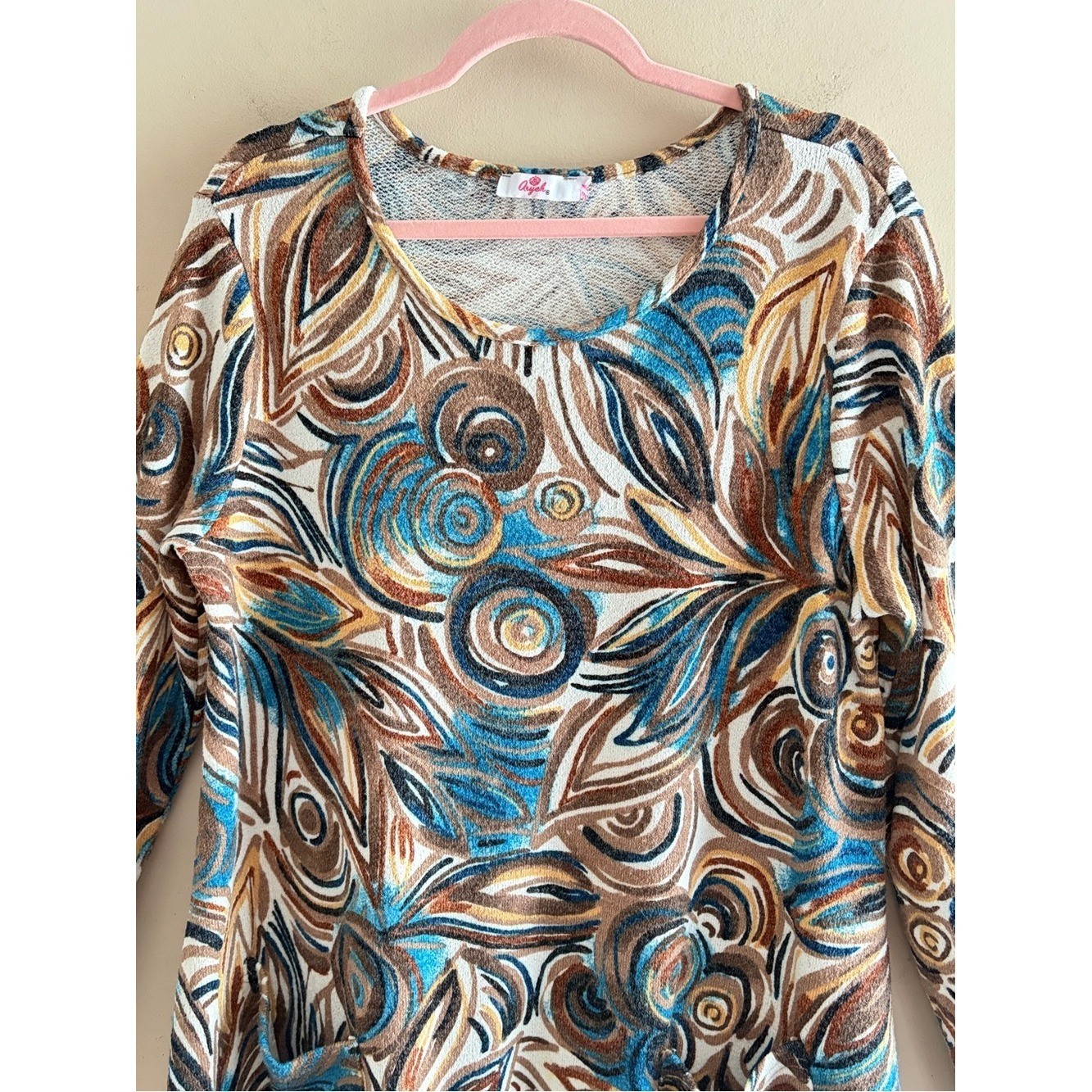 ARYEH 60s/70s Inspired Boho Abstract Floral Print Long-Sleeve Knit Shift Dress