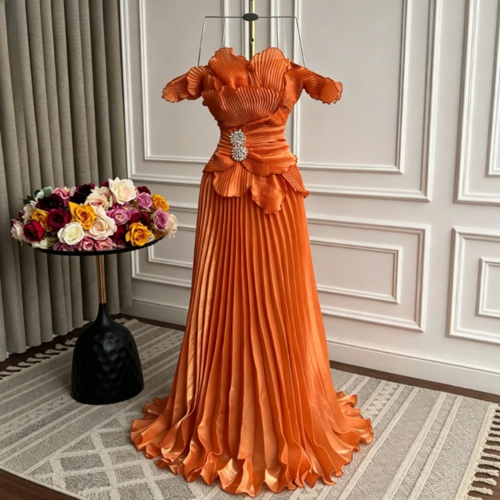 Customized Sparkle Pleat Sequined A-line Off-the-shoulder Long Dresses Occasion