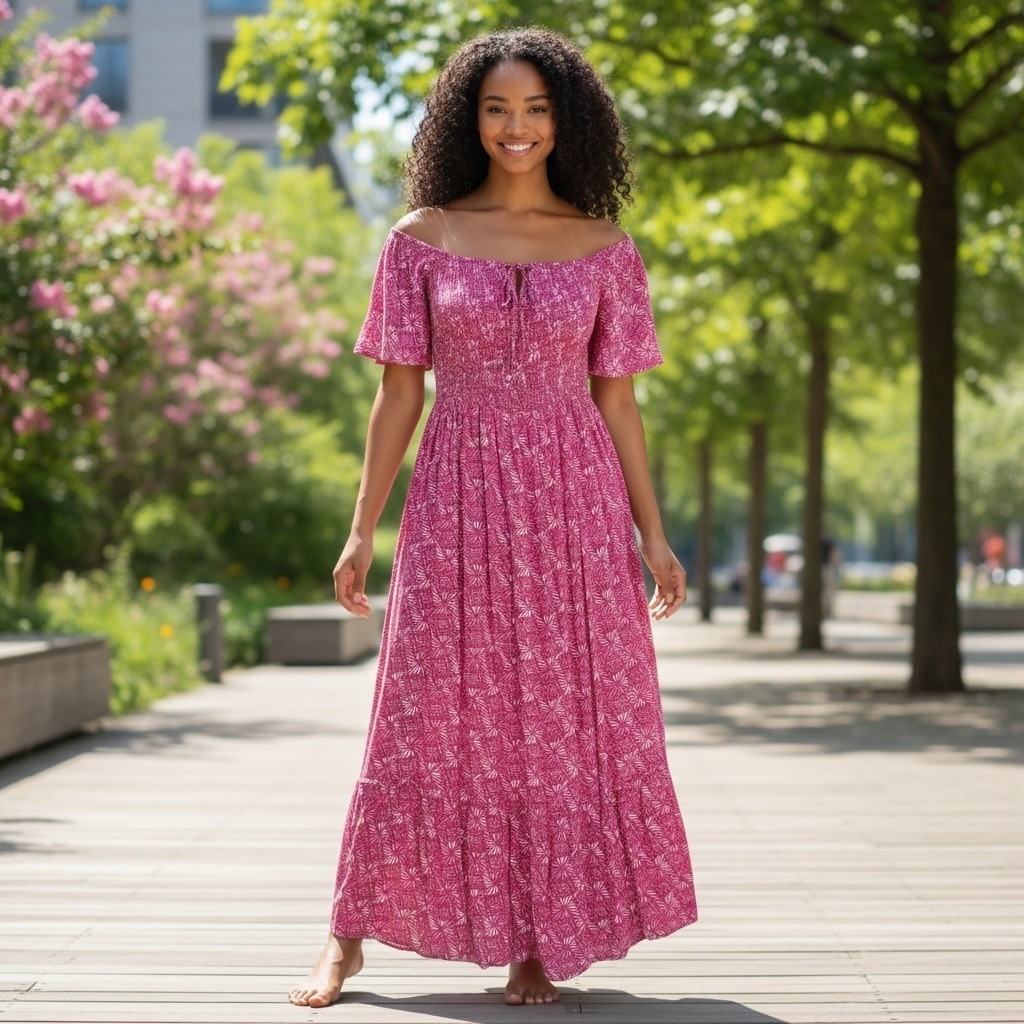 Terra & Sky Women’s Off Shoulder Batik Geometric Pink Maxi Dress Size 1X, 3X NWT