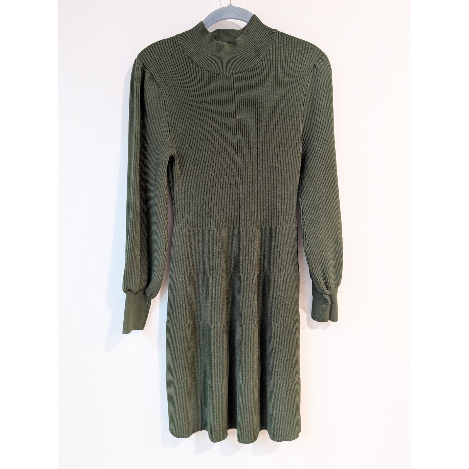 Hill House Mariana Rib-knit Blouson Sleeve Mini Dress In Leaf Green Size M
