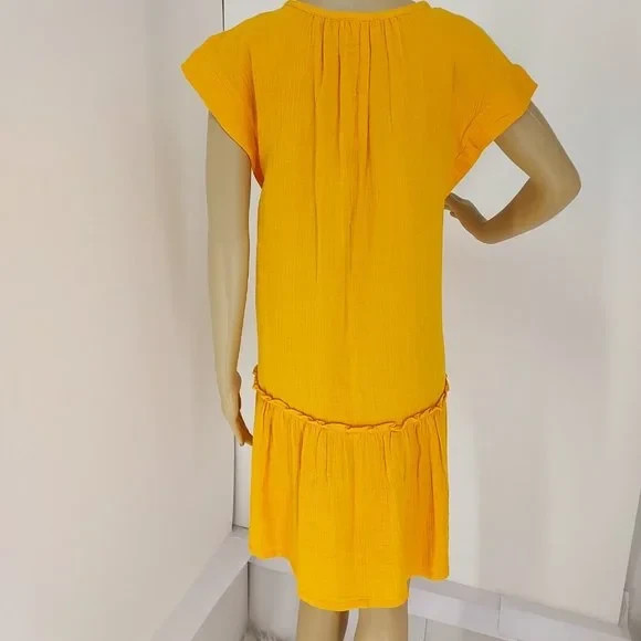 LOFT ORANGE CAP SLEEVE SPLIT NECKLINE CASUAL FLOUNCE DRESS SZ: S NWT 100% COTTON