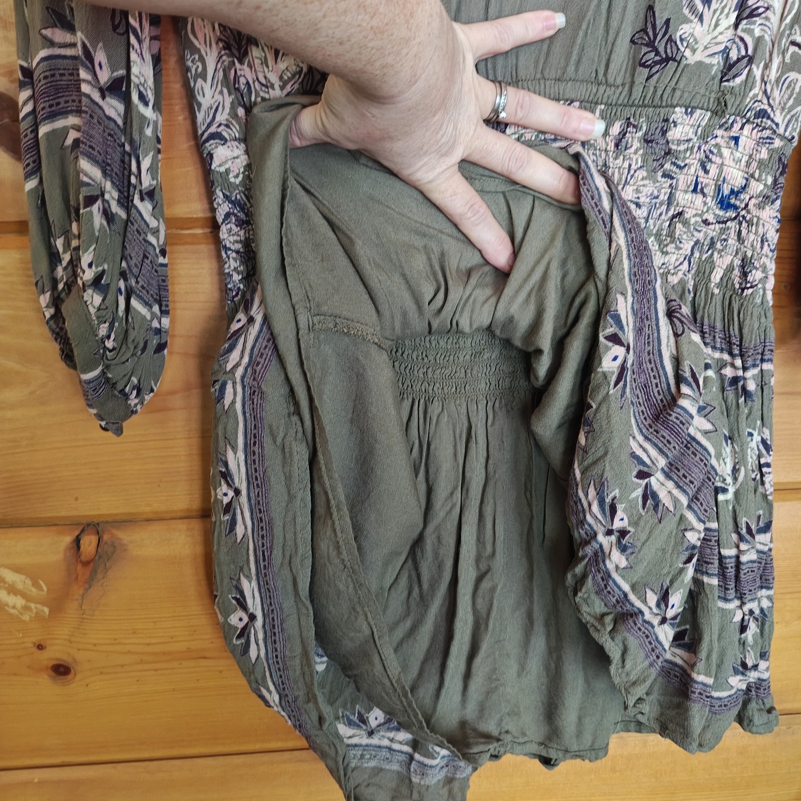 Free People Moonlight Drive Olive Mini Dress Floral Damask Boho Shirred Size XS