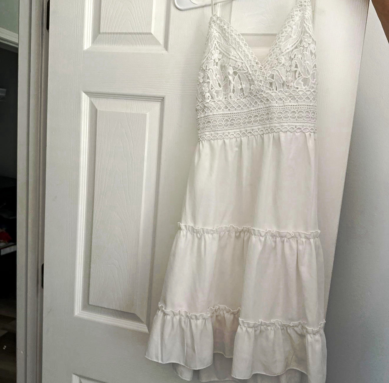 Ecowish White Lace V-Neck Backless Tie-Back Strappy Sleeveless Sundress M