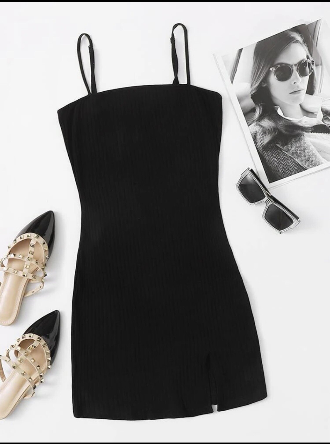 SHEIN Women Split Hem Rib Mini Dress, Adjustable Strap￼, Size Medium
