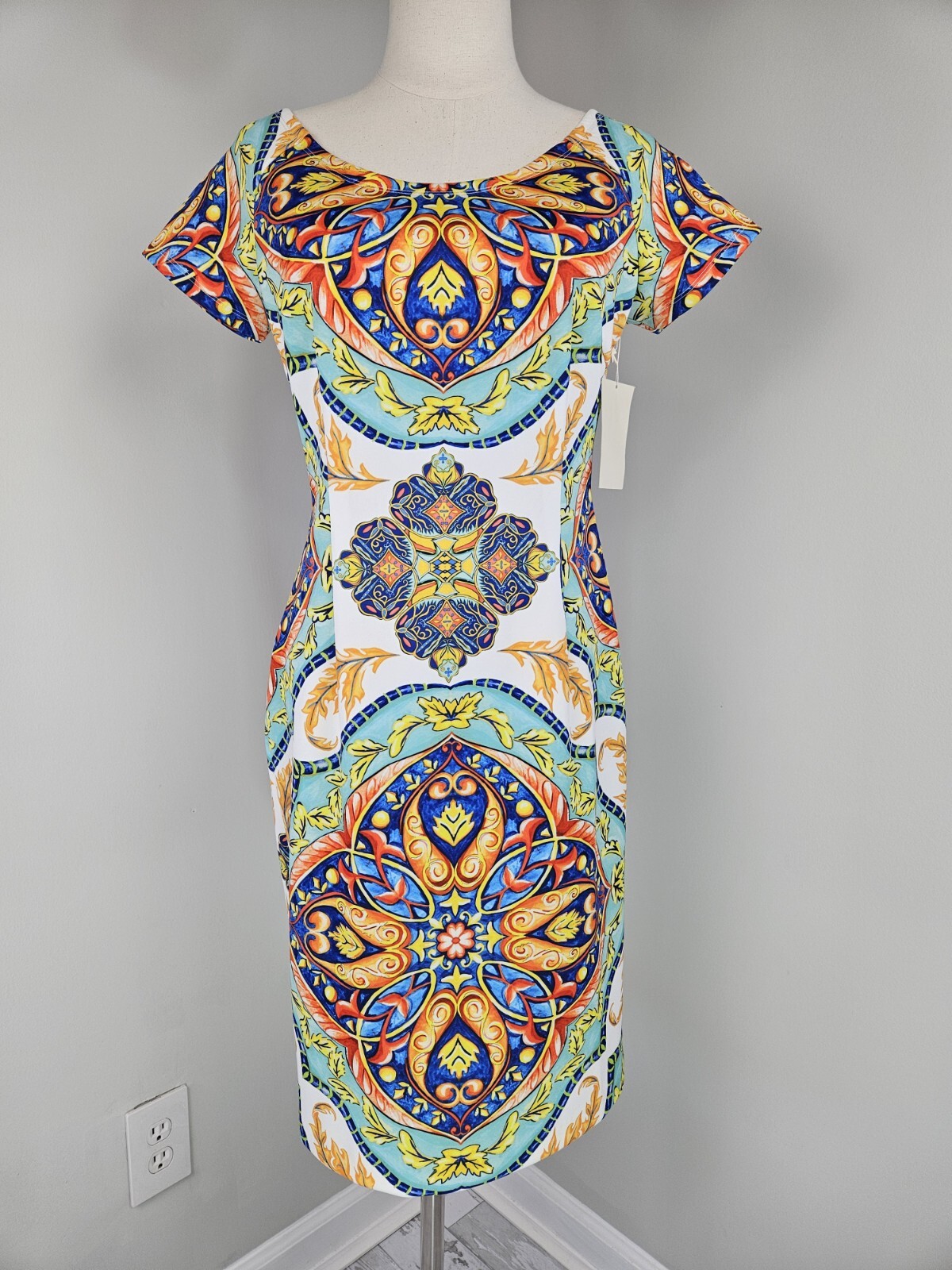 Alexia Admor Womens Scuba Dress 10 Sheath Dress White Green Orange Blue Green