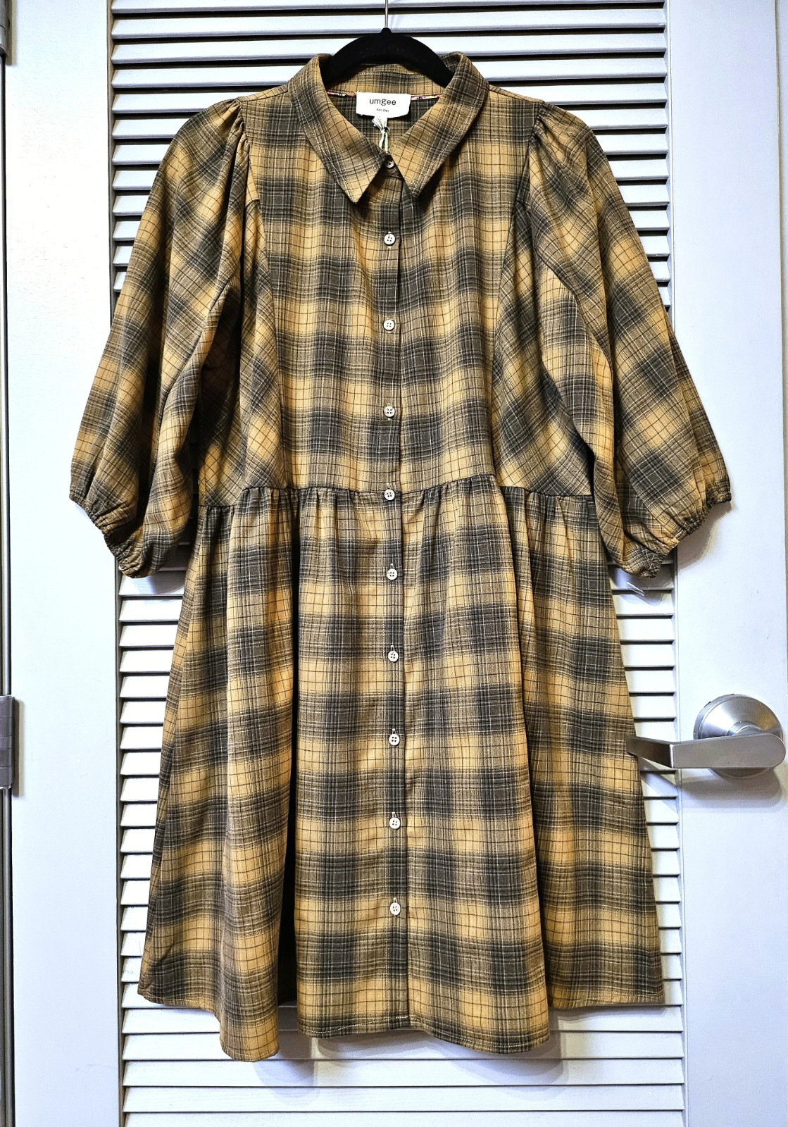 3/4 brown checkered pleats shirt dress XL