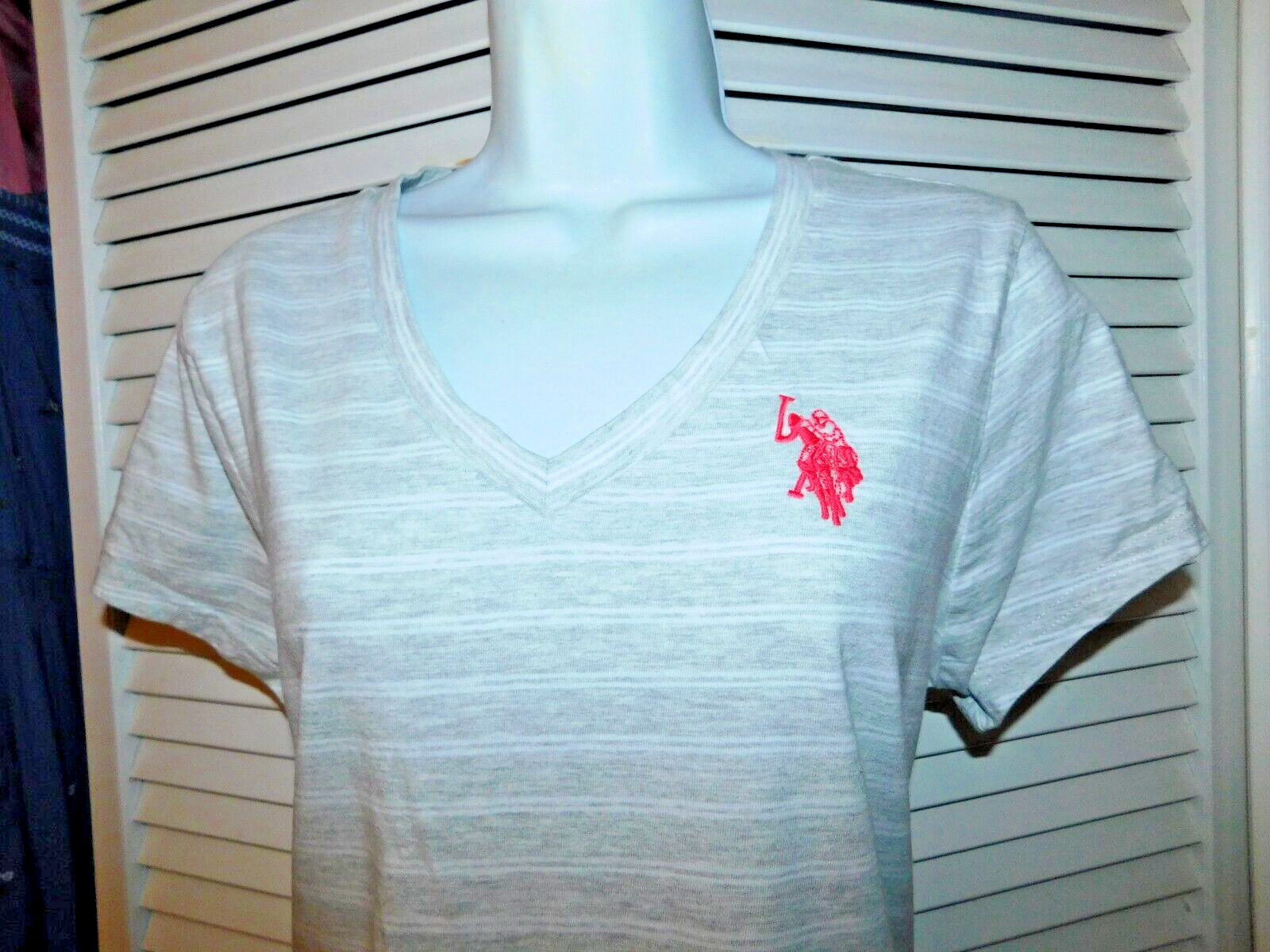 US Polo Assn Size L Grey Stripe Womens Stetch Cotton Knit Logo Slimming Dress