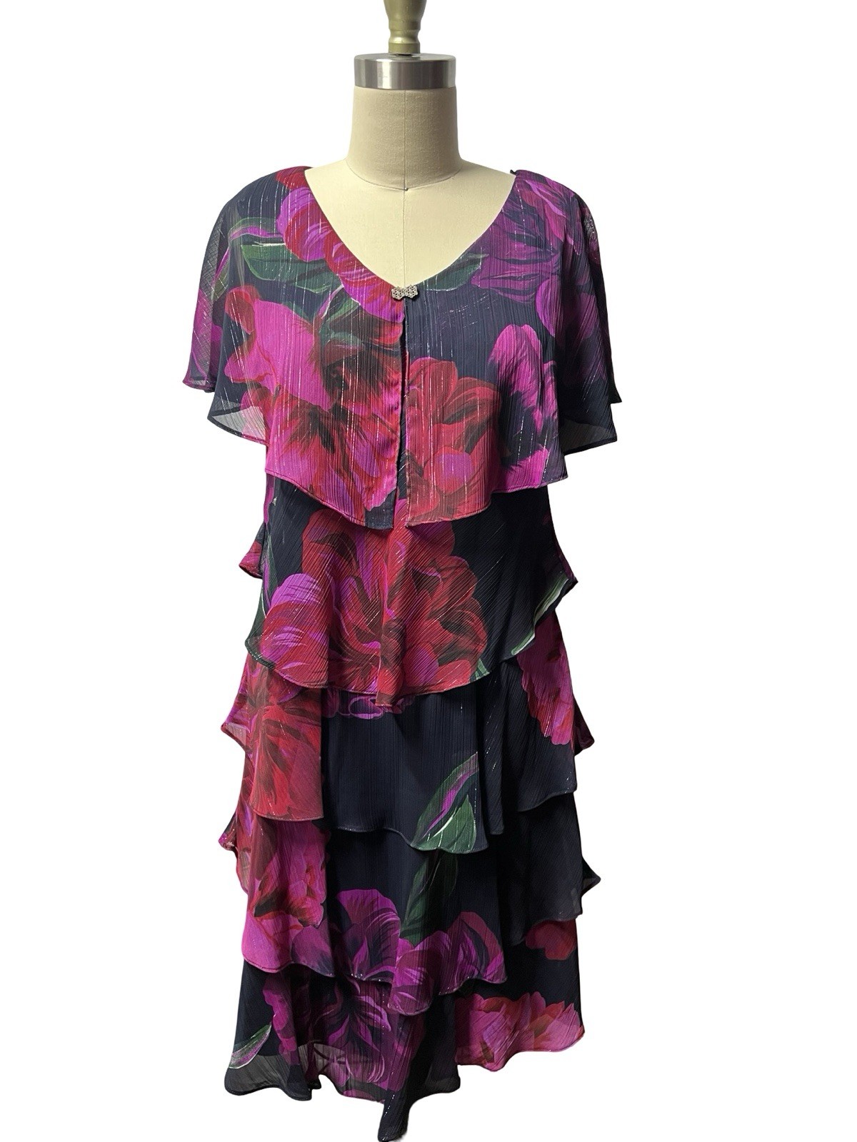 Ignite Evenings Floral Layered Ruffle Midi Dress Blue Size 4 Wedding Guest Party