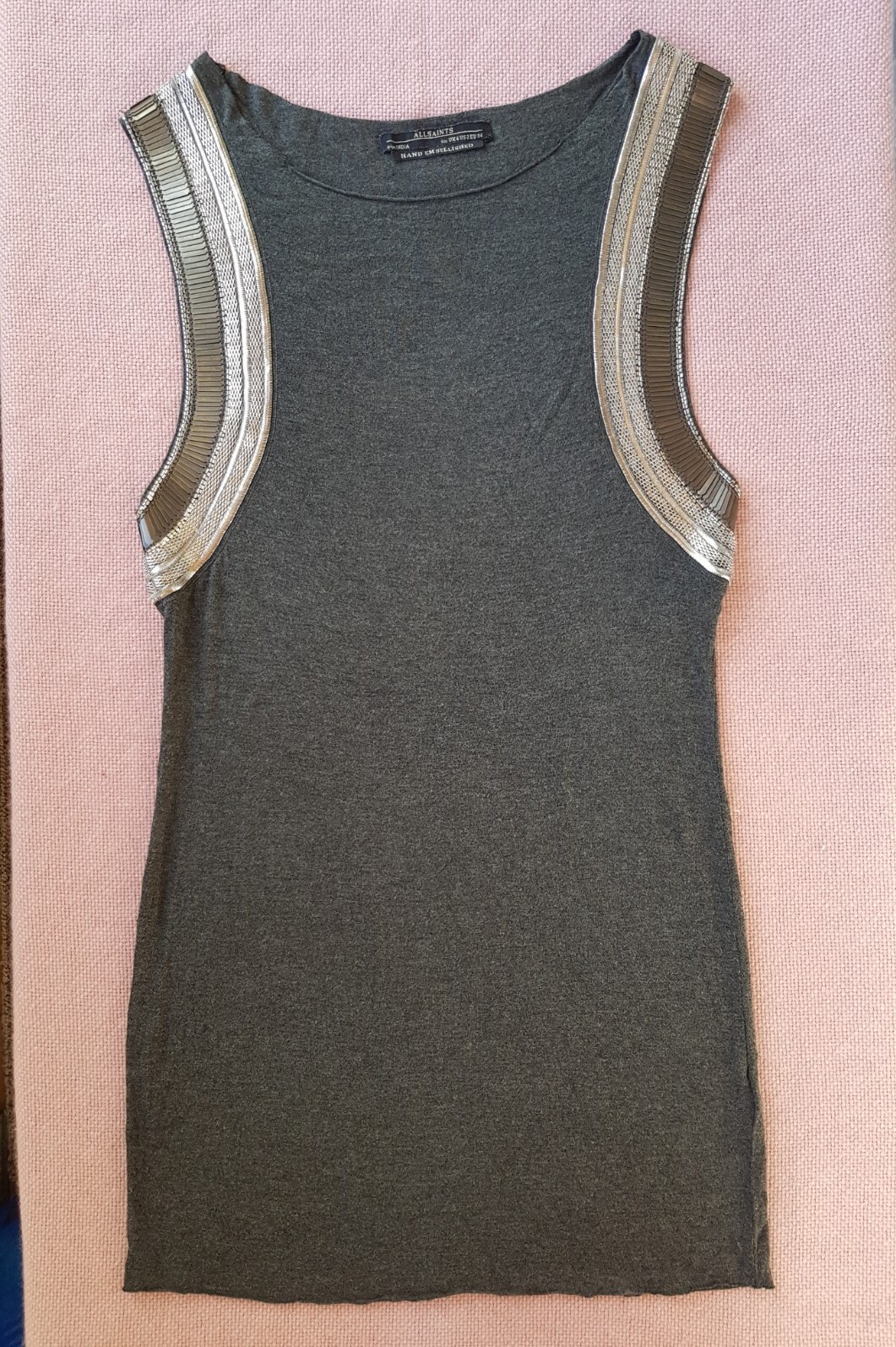 All saints Siri Women grey Sleeveless hand beaded top vest dress tunic size 6
