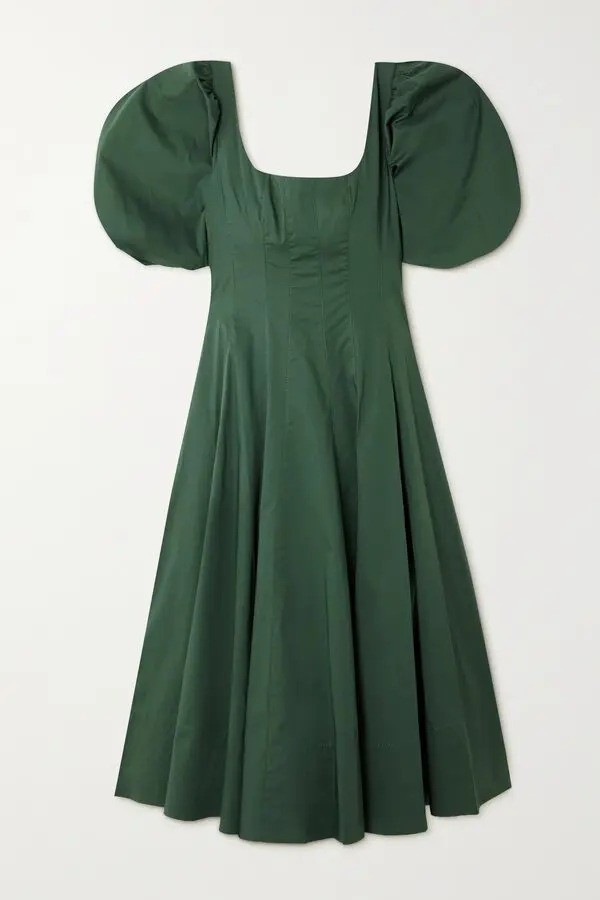 Staud Swells Pleated Cotton-Poplin Midi Dress, Cypress, Women Size 00
