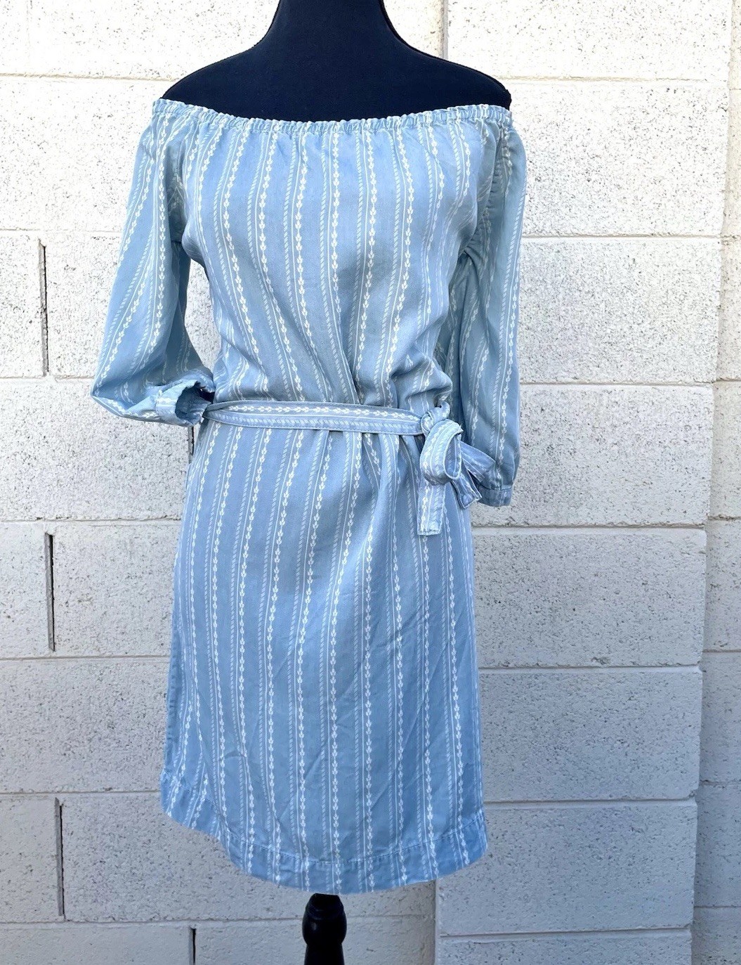 PAIGE Blue/White Vine Stripe Chambray Off-Shoulder Belt Shirt Dress Prairie Sz S