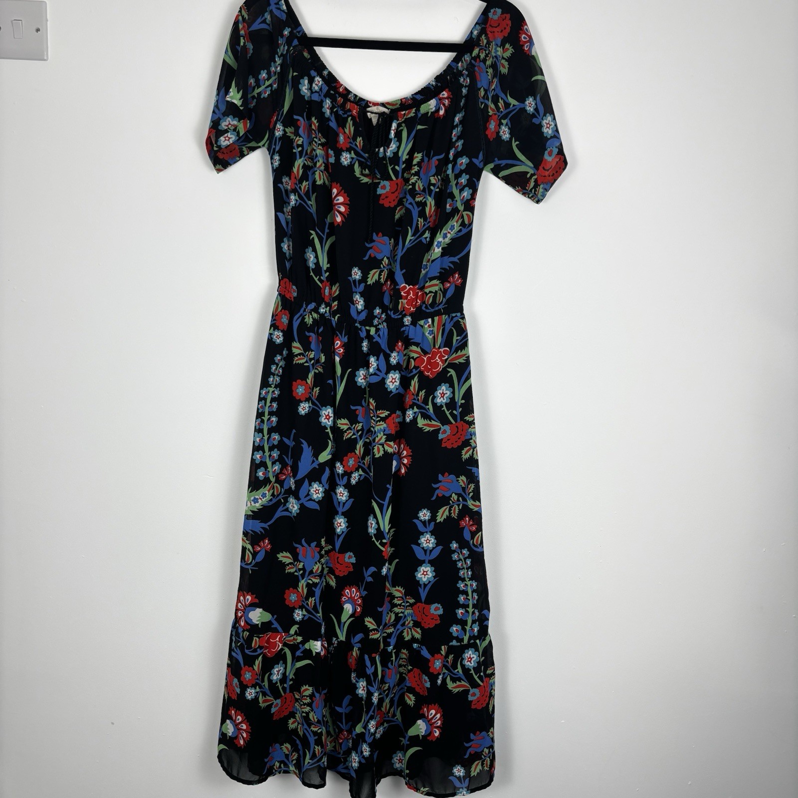 Anthology Black Floral Midi Dress Boho Western Size 10 Tassle Neck Sheer