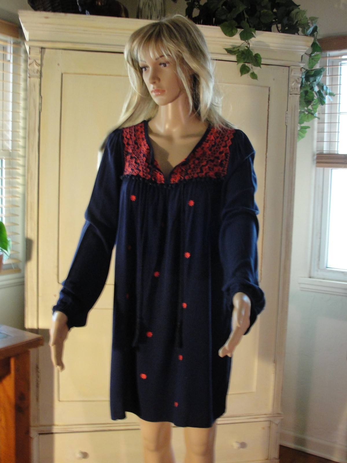 Umgee Boho Womens Dress Blue Red Long Sleeve Size XL