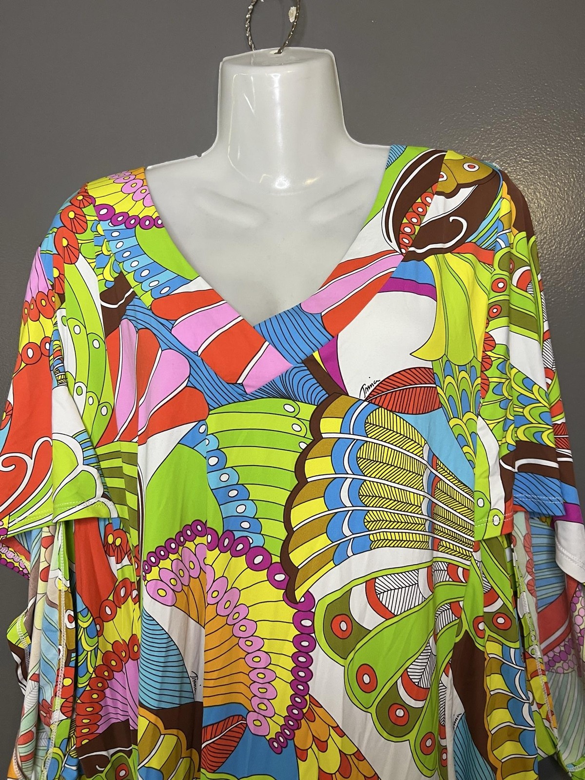 Trina Turk Dress Women One Size Multicolor Geometric Kaftan Dolman Sleeve V Neck