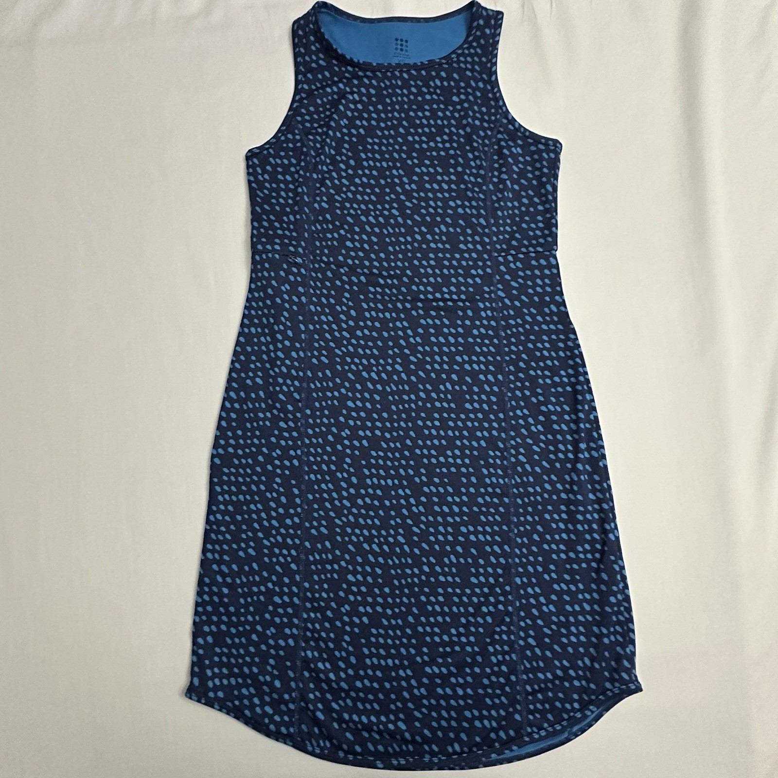 Title Nine Alpha Racerback Dress Womens XS Blue Batik Dot Sleeveless Zip Pocket