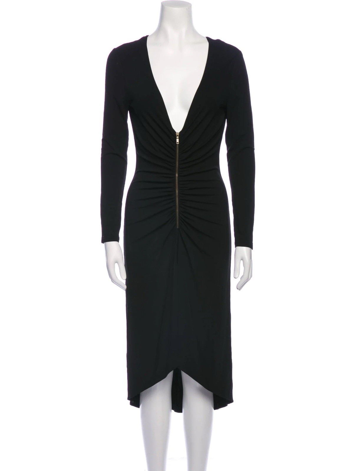 Celine V-Neck Midi Black Zip Front Ruched Dress Size 36