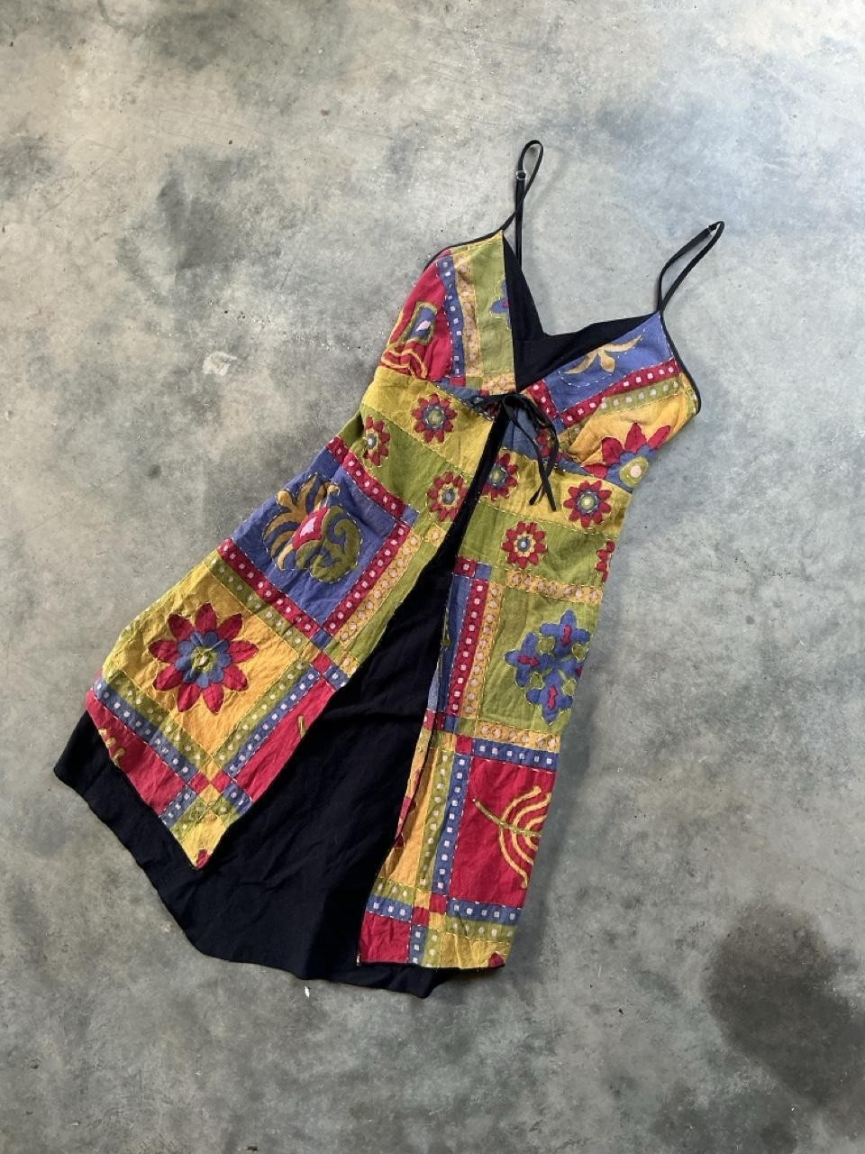 Y2K Patchwork Boho Tie Front Midi Dress