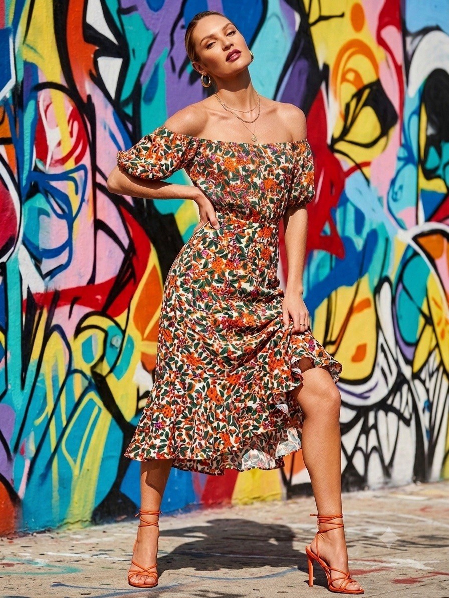 SALONI Silk Orange Floral Off-Shoulder Midi Dress Ruffle Cutout Size S US 2 UK 6