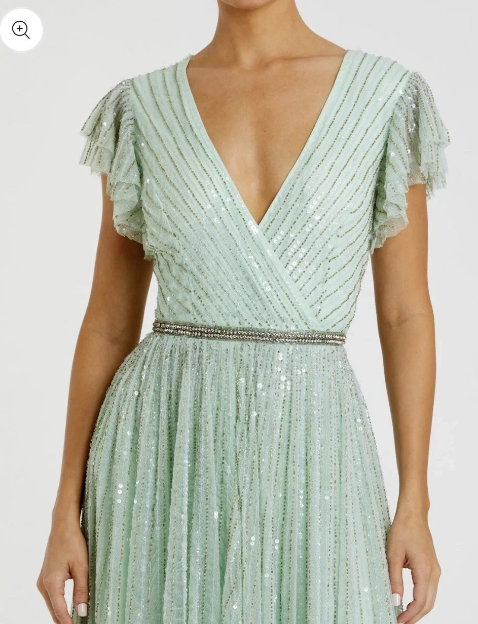 NWT Size 2 – 5502 Mac Duggal Sequined Wrap Over Ruffled Cap Sleeve Gown Seamist