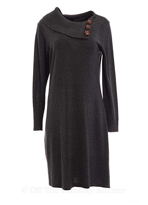 CHEQUER WOMEN’S FOLD OVER COLLAR KNIT SWEATER DRESS,CHARCOAL GRAY,L