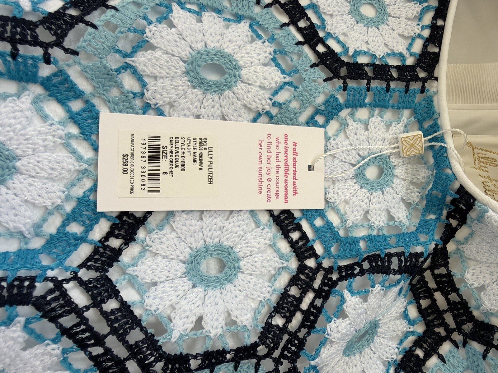 Lilly Pulitzer NWT Leyla Crochet Shift Dress Blue Daisy Hex, Women, Size 6