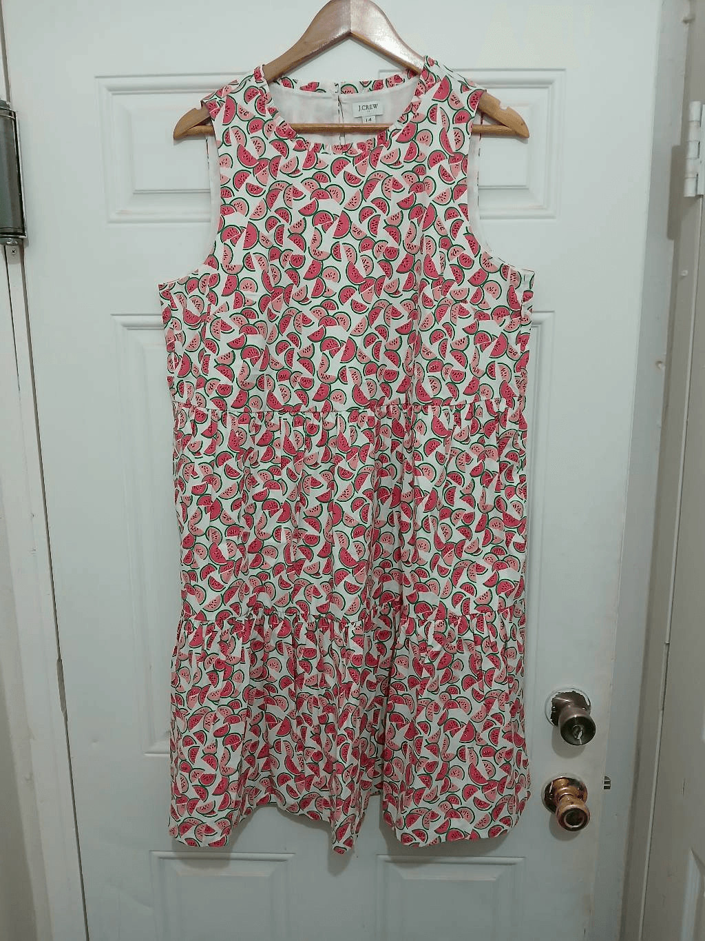 J.crew womens Sz 14 watermelon novelty print shift dress green pink tiered pink