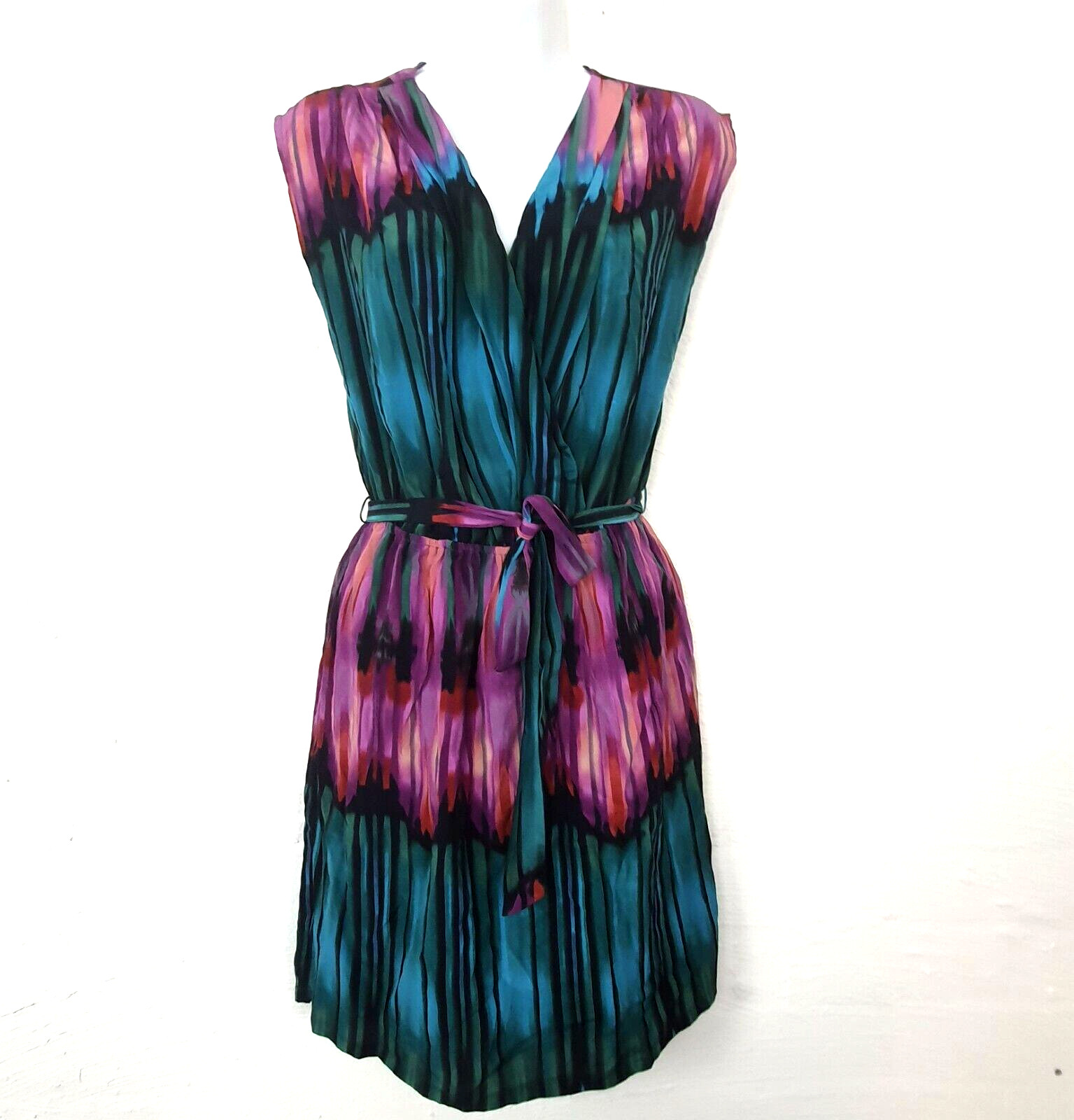 PRESLEY SKYE Womens Dress Size PS Green/Purple/Black Silk Sleeveless V Neck