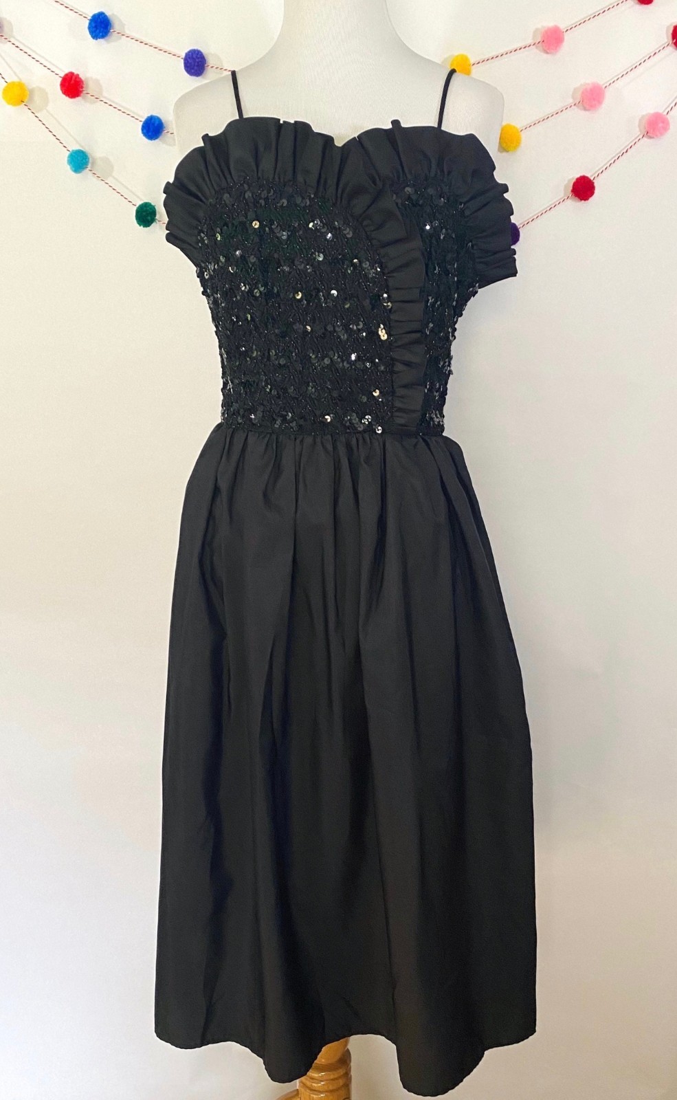 Black Ruffled Neck Sequined Cocktail Dress 1960s Cocktail Dress