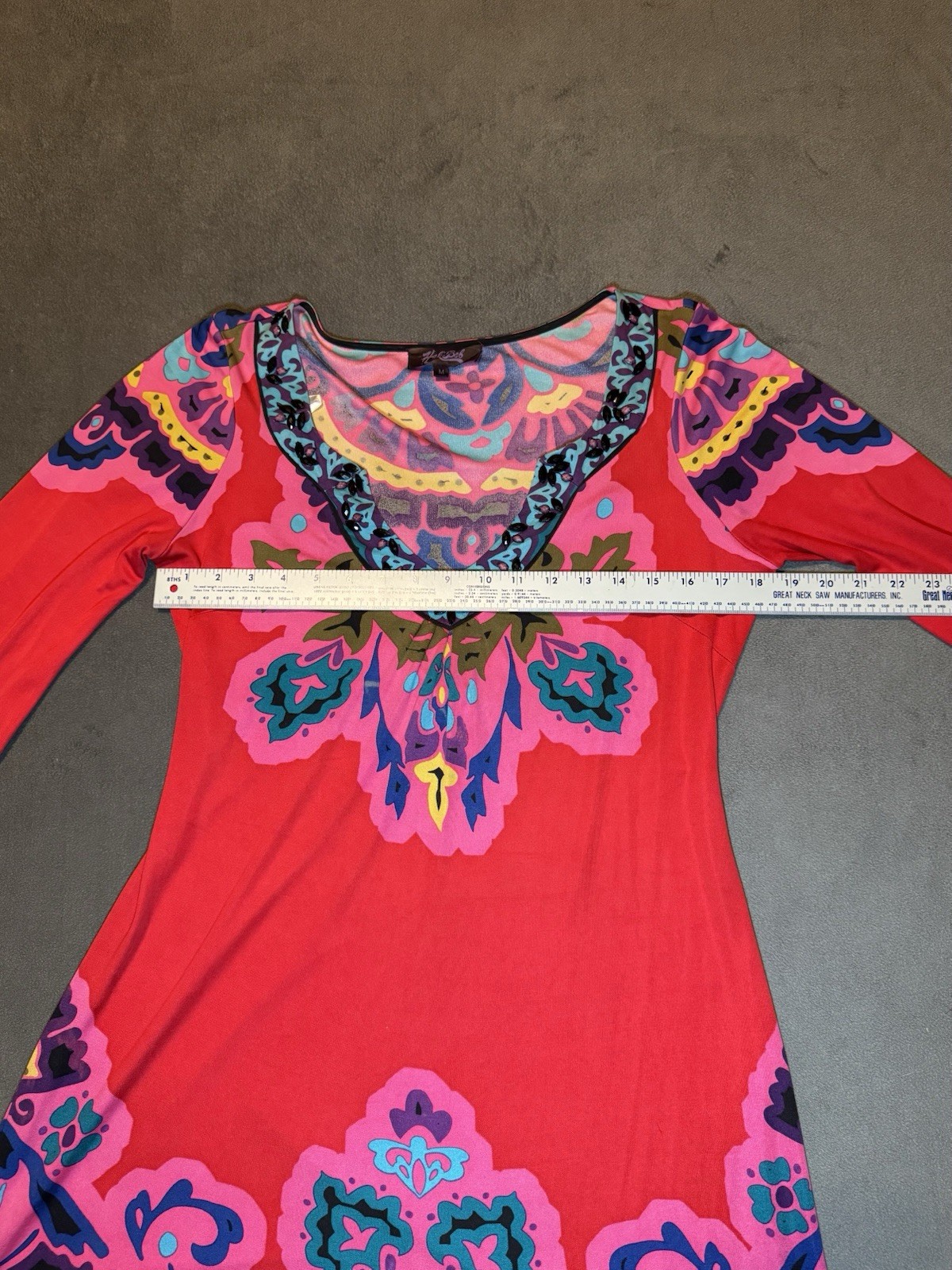 Hale Bob M Red Multicolor Boho Tunic Dress Embellished V Neck Mini