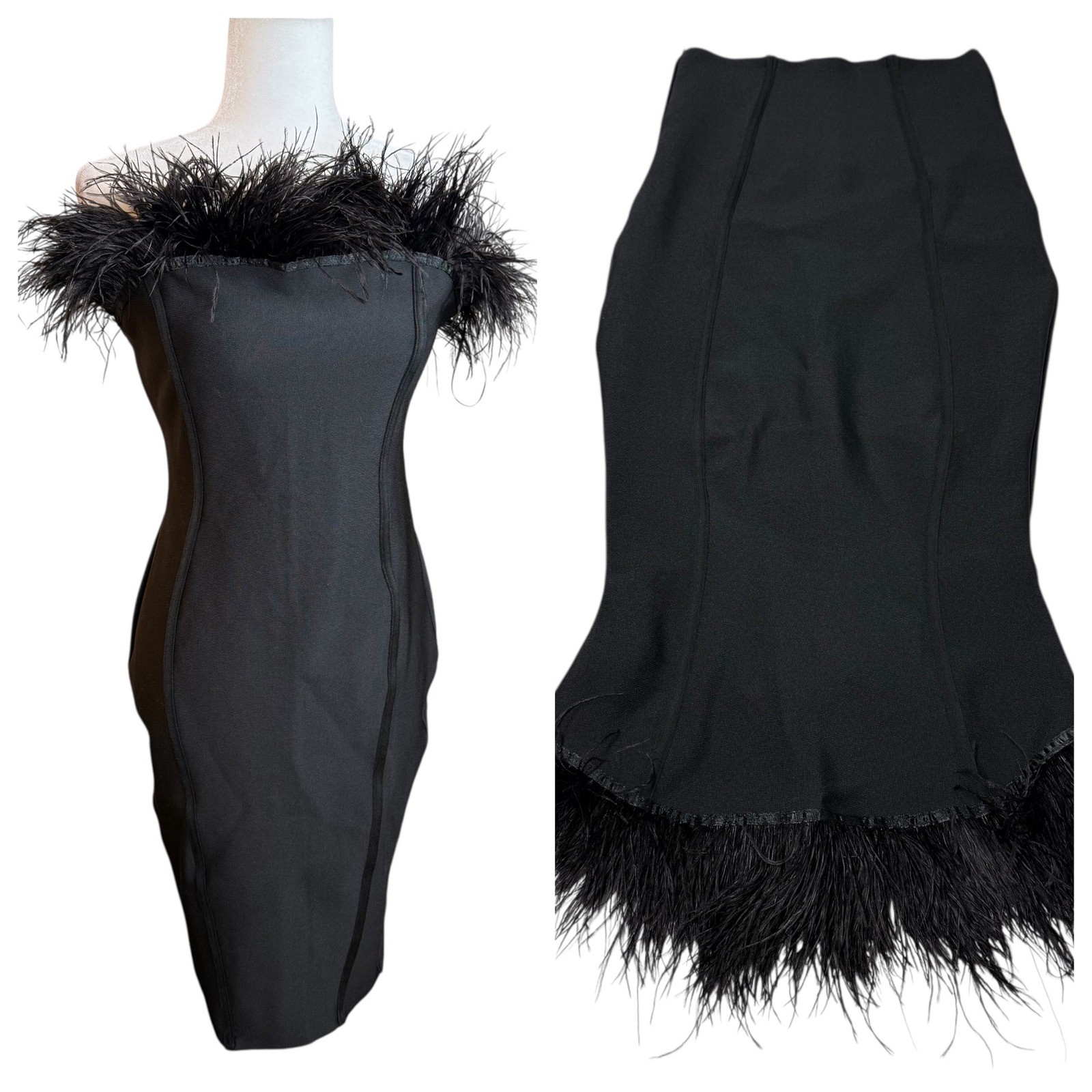 Black Feather Trim Strapless Silhouette Bodycon Dress Size L Dramatic Edgy