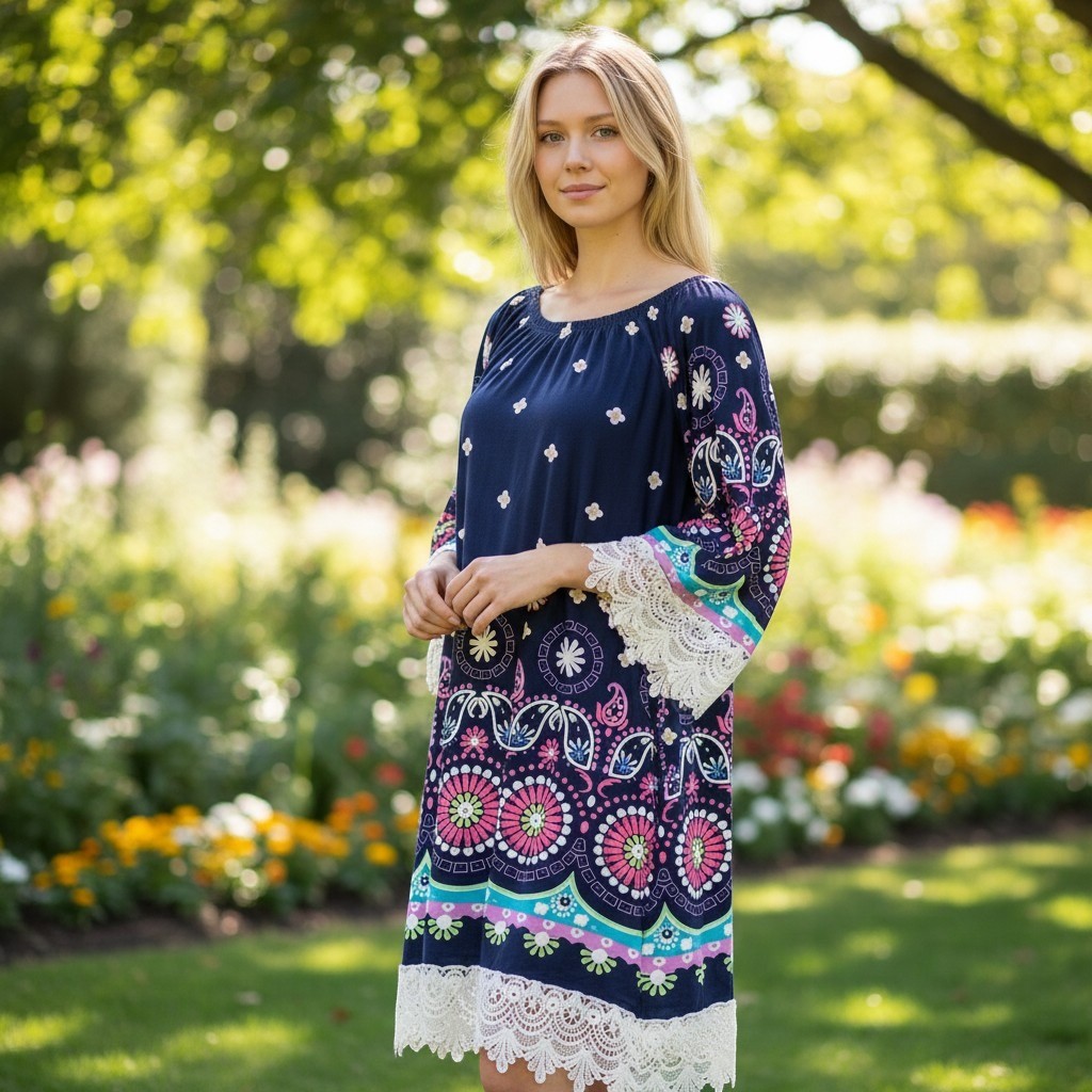 White Mark Navy Boho Blue Embroidered Tunic Dress Size Large / #3106