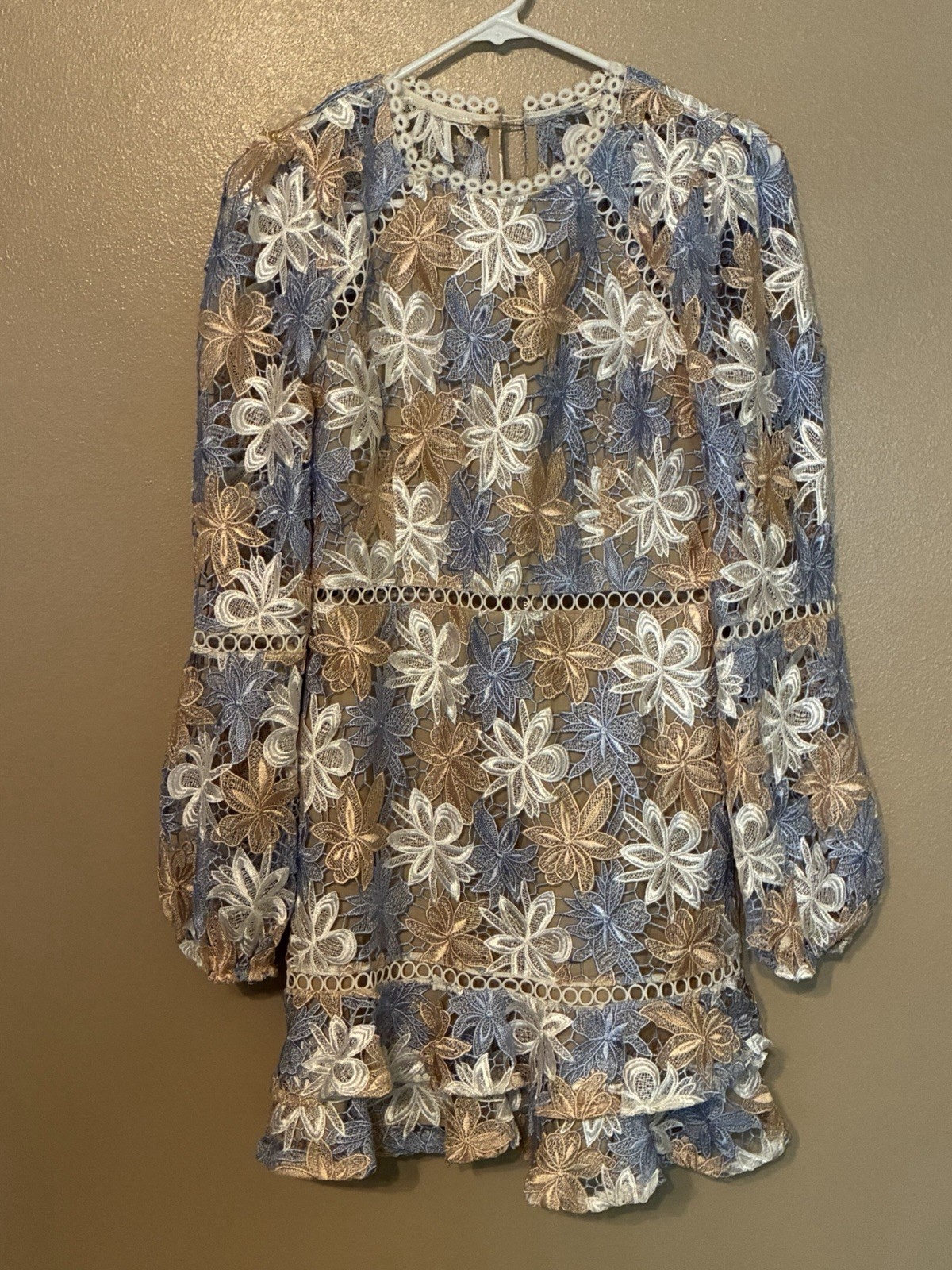 Just Me Lace Dress Size S Blue Tan Whiting Sleeve Mini Dress